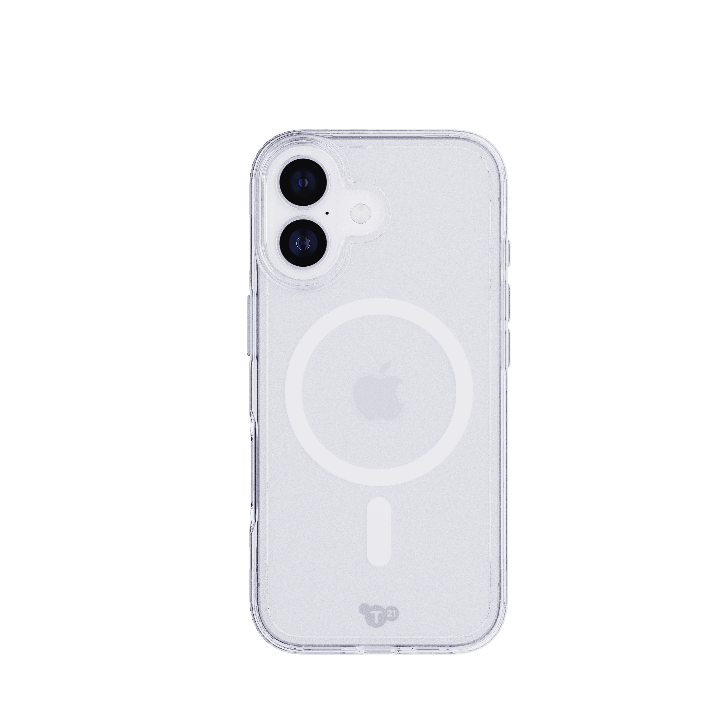 Clear phone case on white background. Features camera lenses, Apple logo, and T21 logo.