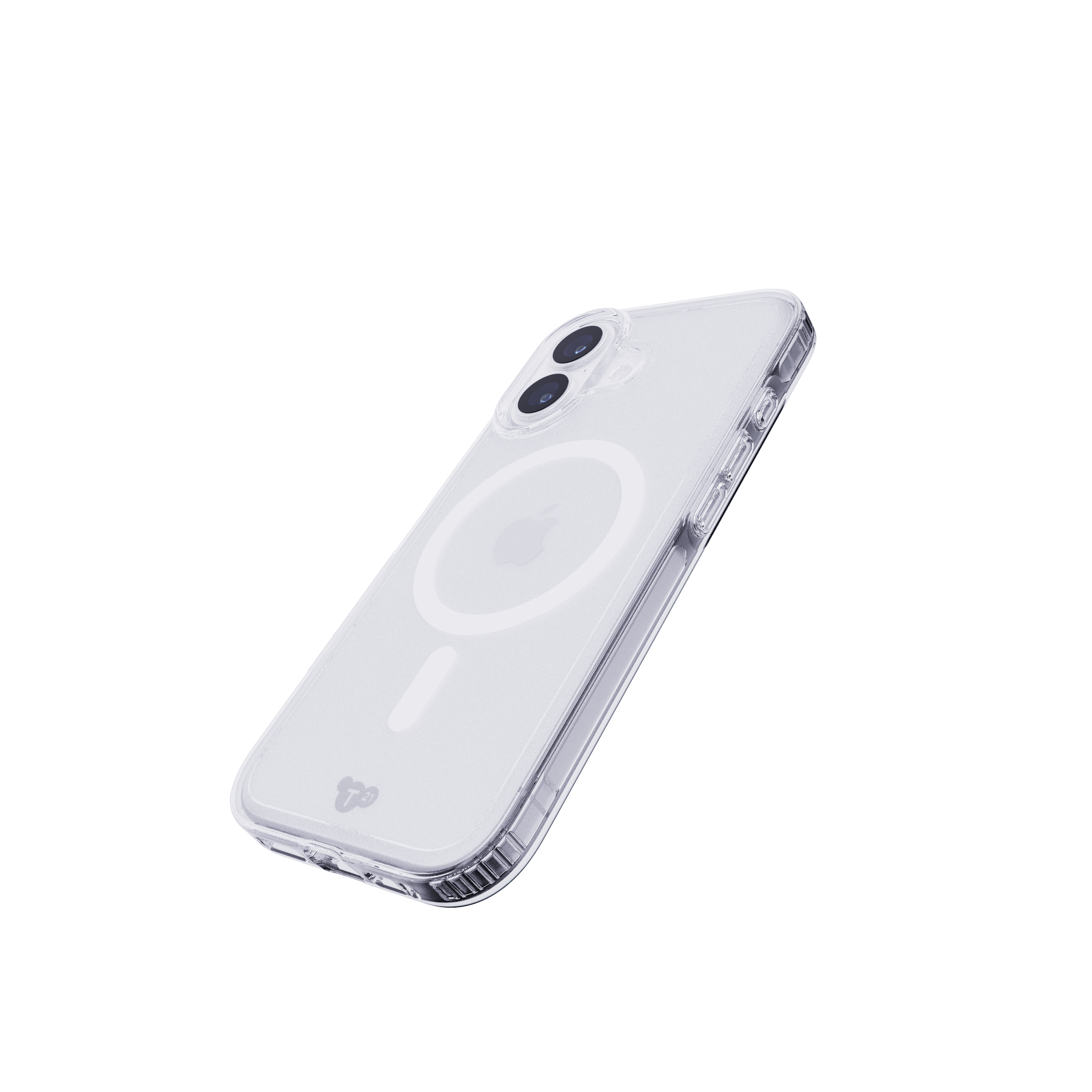 Clear phone case with a white Apple logo. The phone has two camera lenses. The background is white.