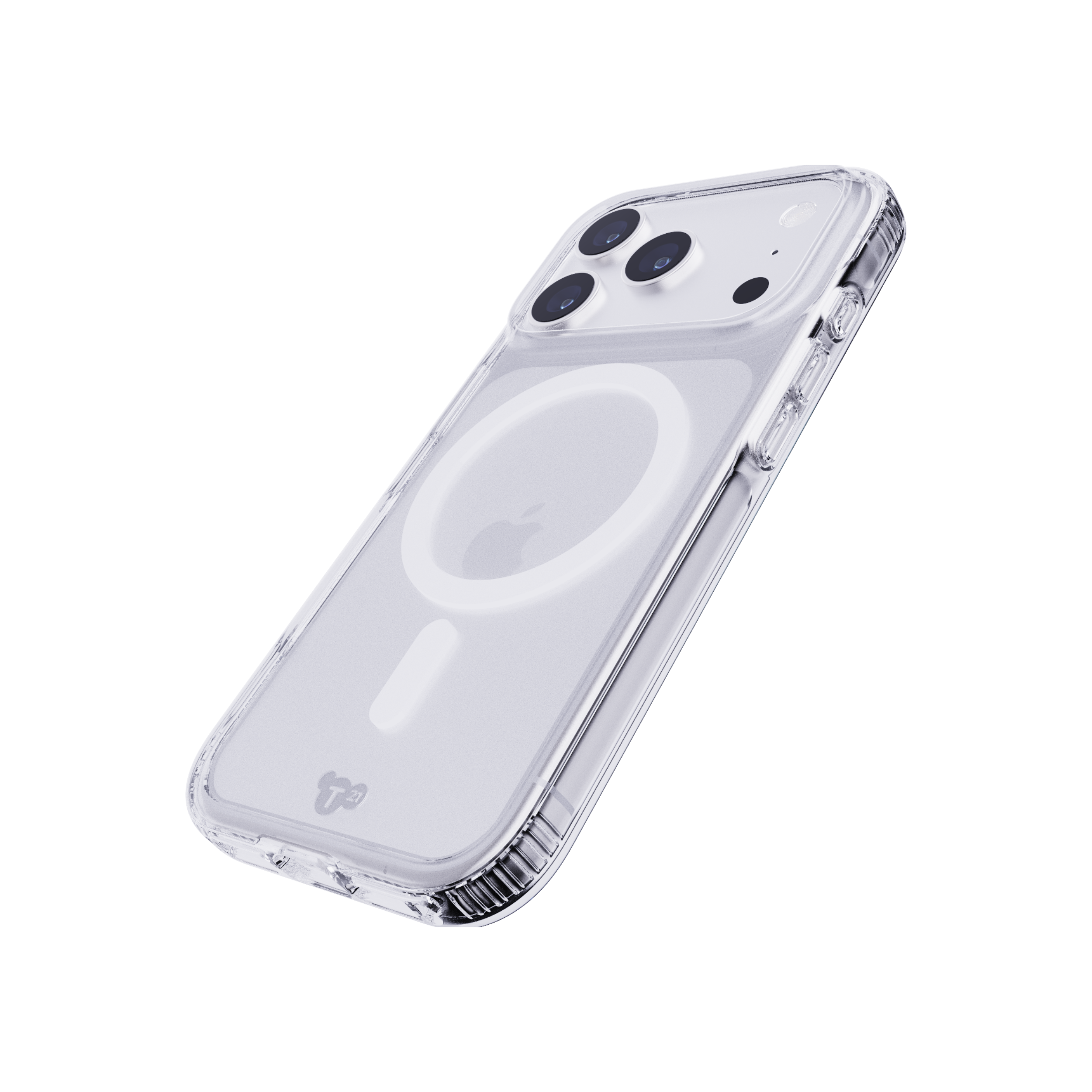 Clear phone case on a white background. It has a camera area and a MagSafe circle. The Apple logo is visible.