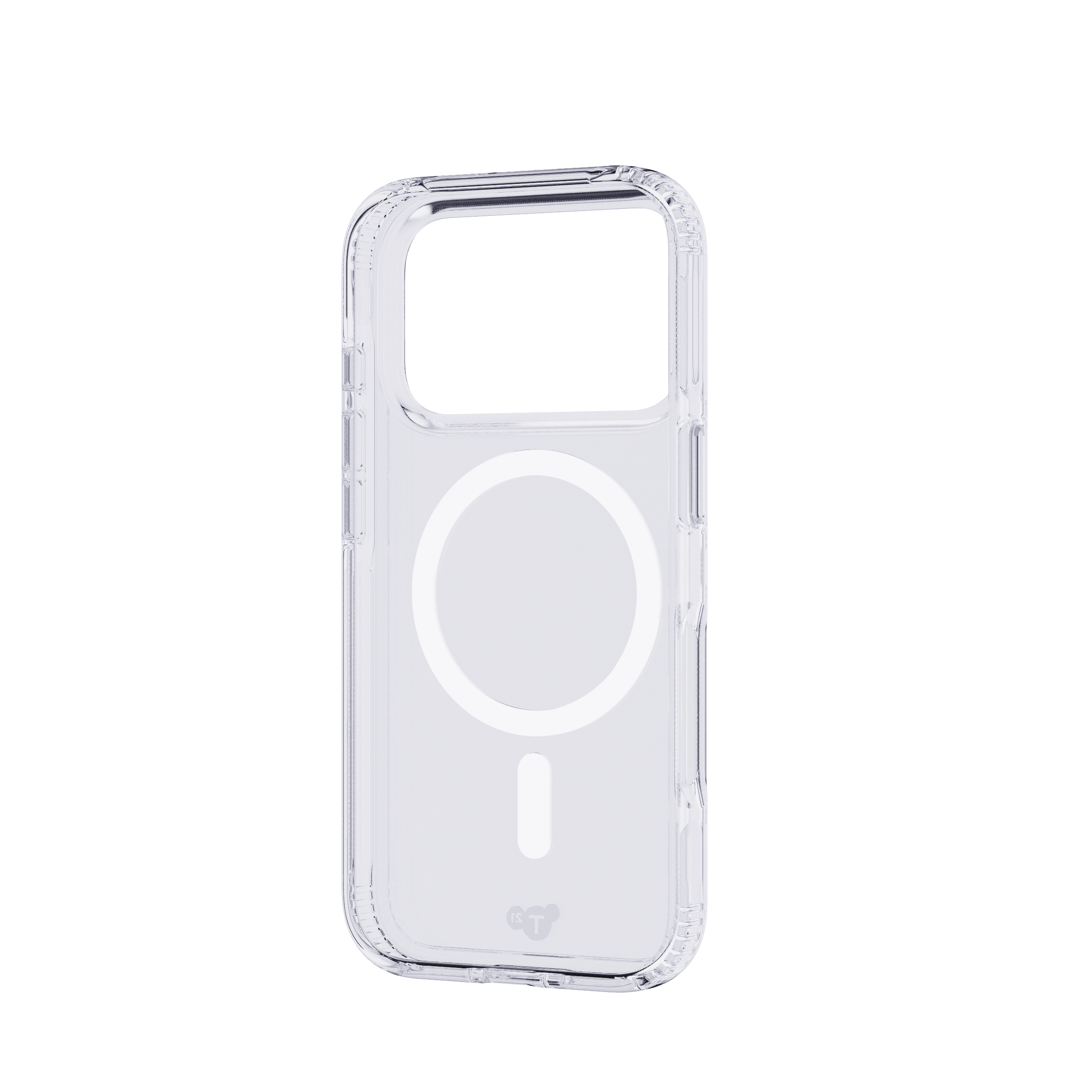Clear phone case with a white magnetic ring. The case is transparent. It sits on a white background.