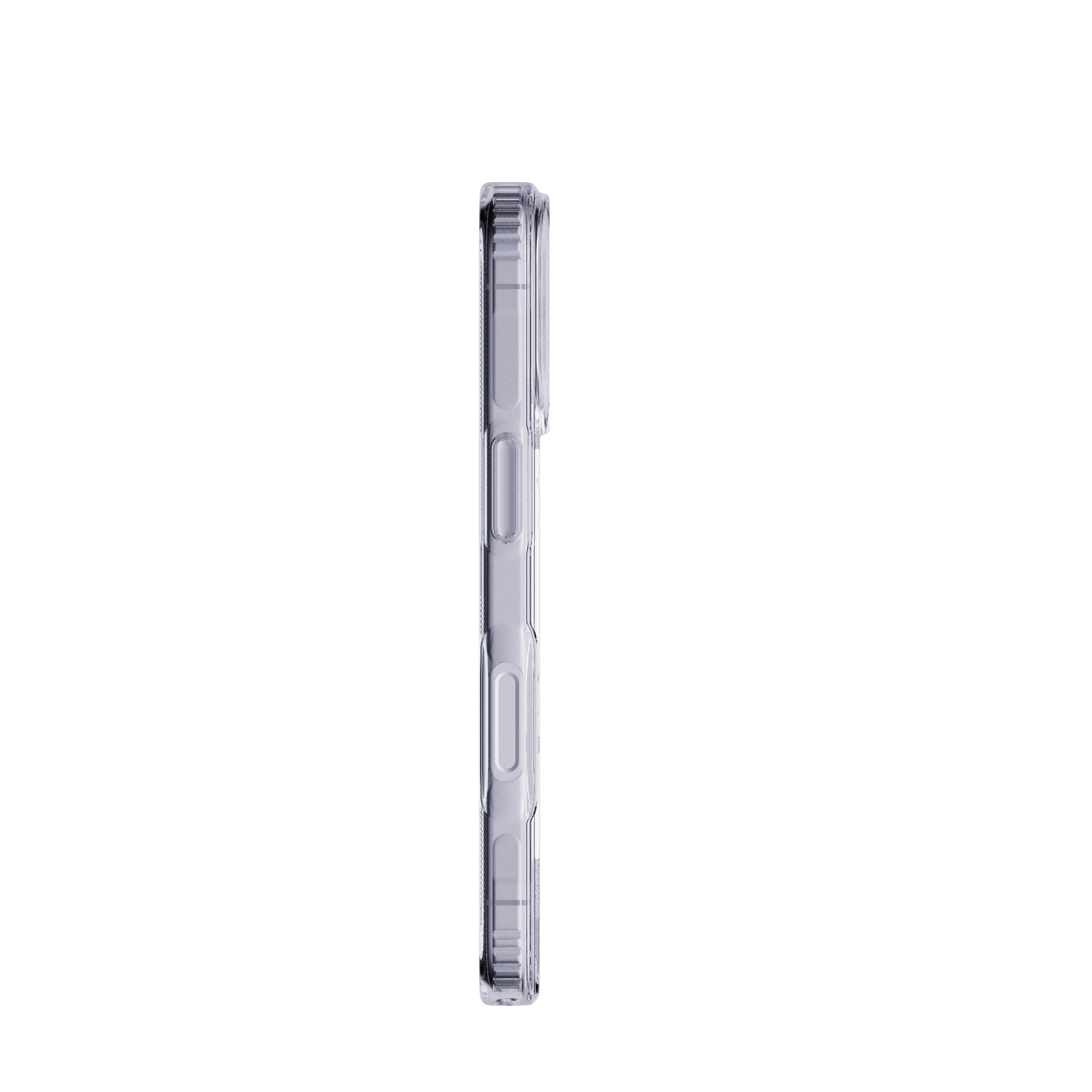 A clear phone case is shown from the side. It has buttons and a camera cutout. Background is white.