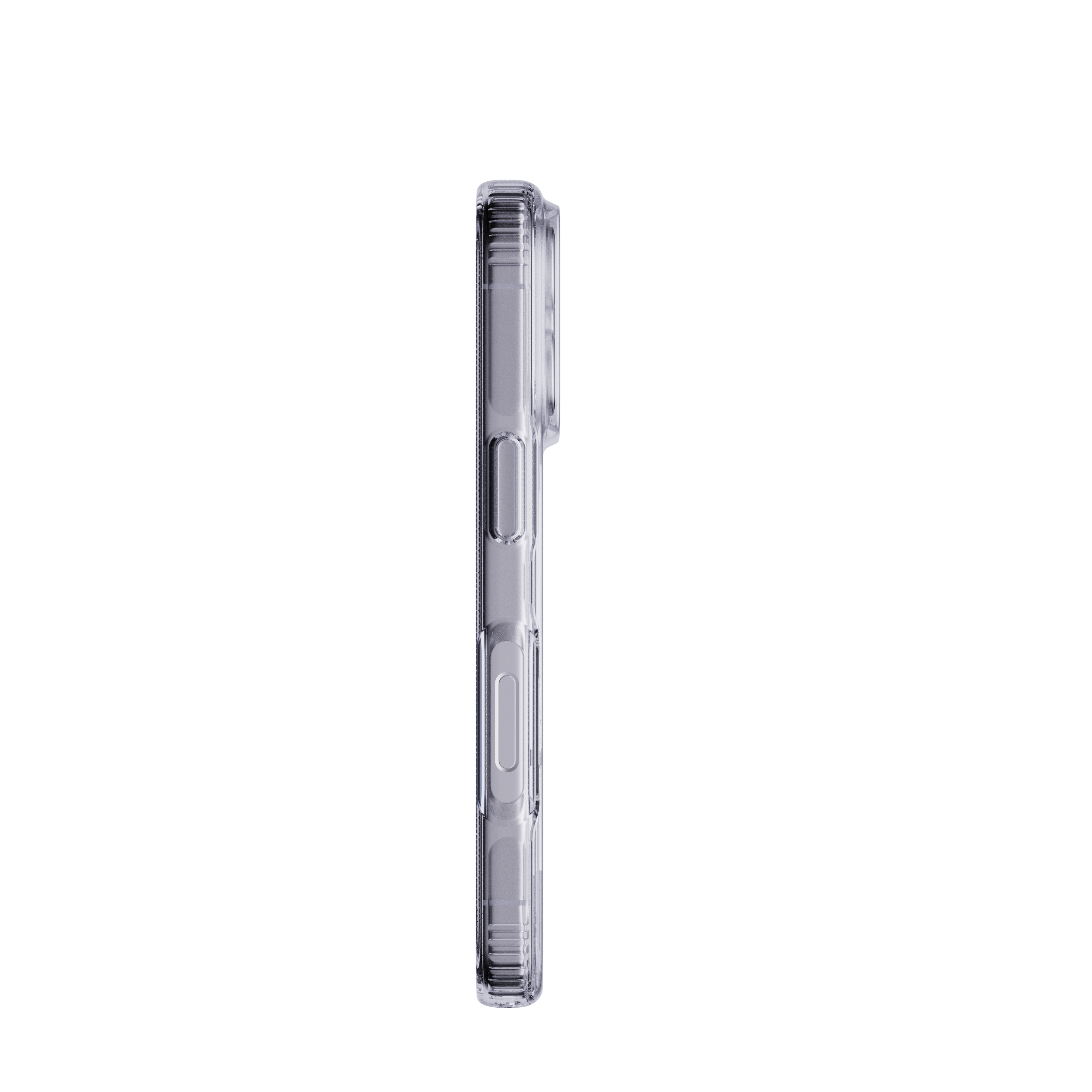 Side view of a transparent phone case with buttons. It is on a white background.