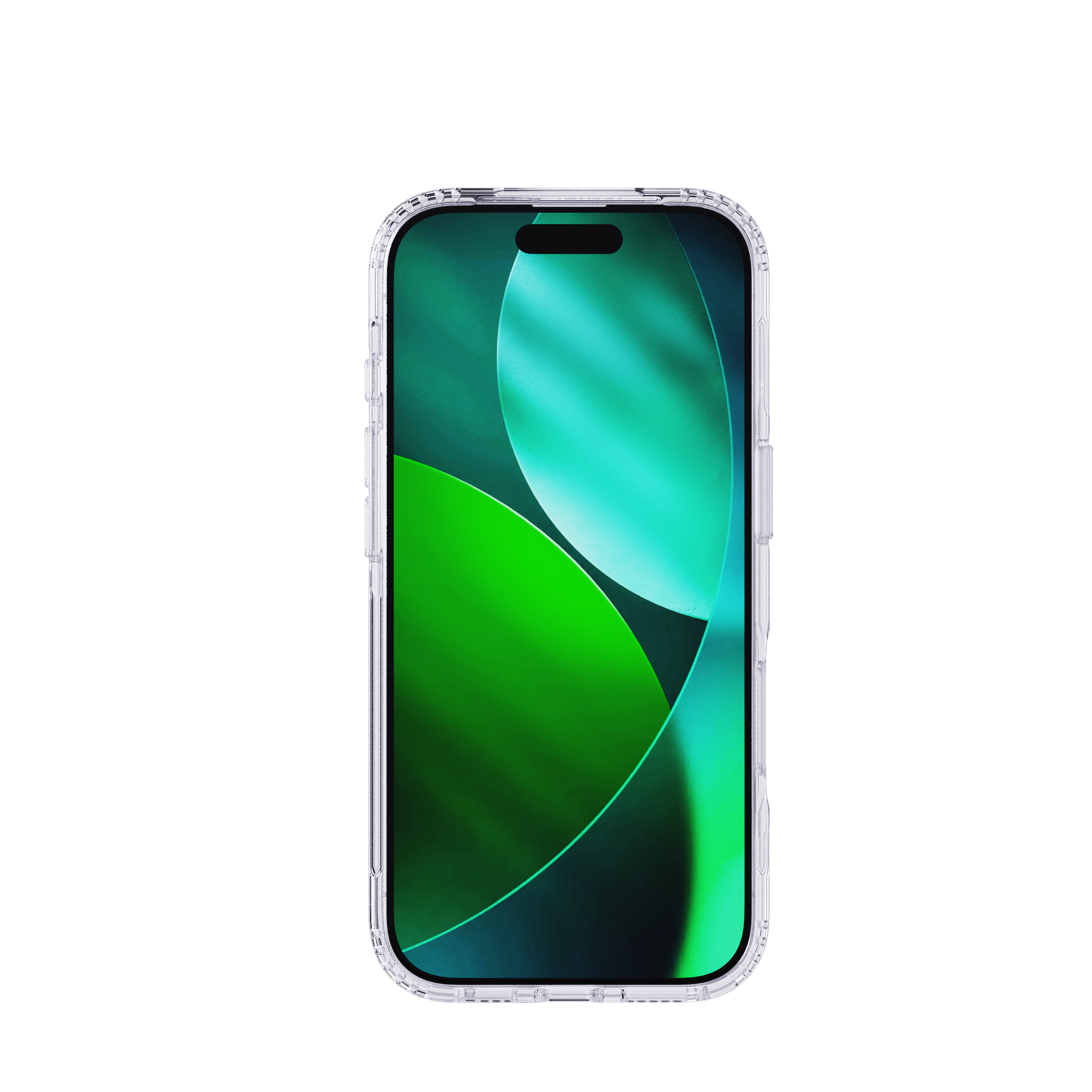 A clear phone case covers a phone with a green abstract wallpaper.