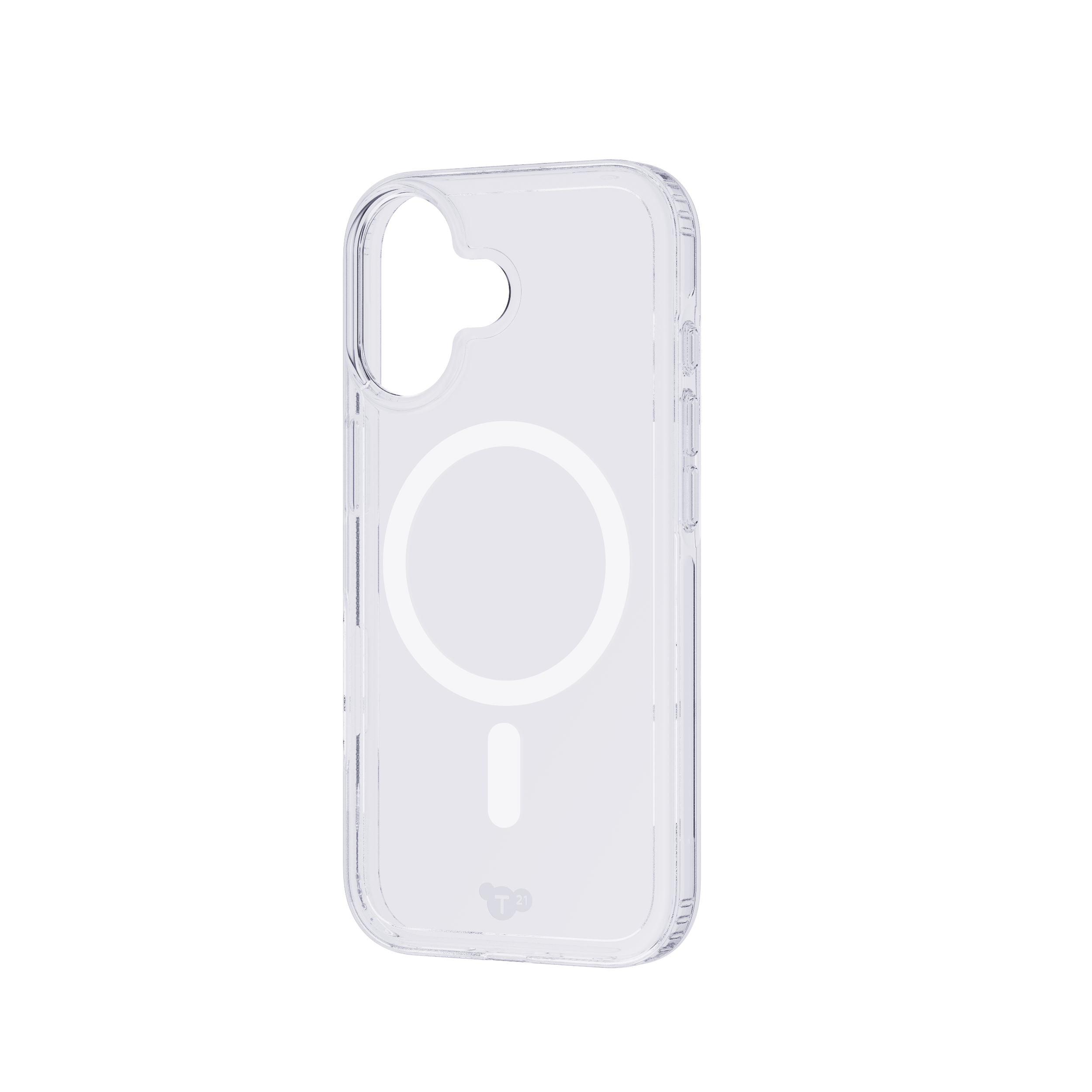 Clear phone case with MagSafe features. It has a circular magnetic ring and a transparent design, on a white background.
