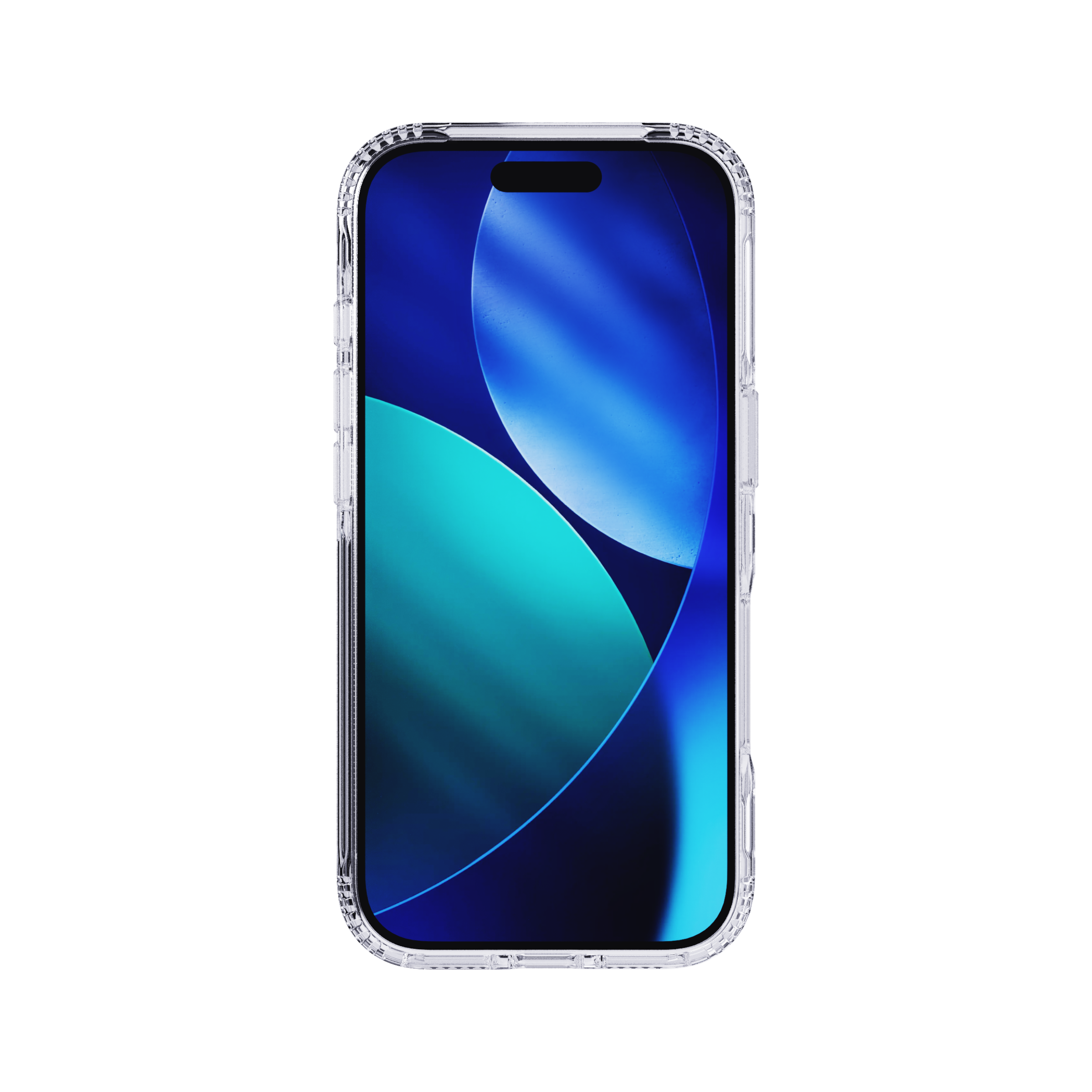A smartphone in a clear case on a white background. The screen shows blue and teal abstract shapes.
