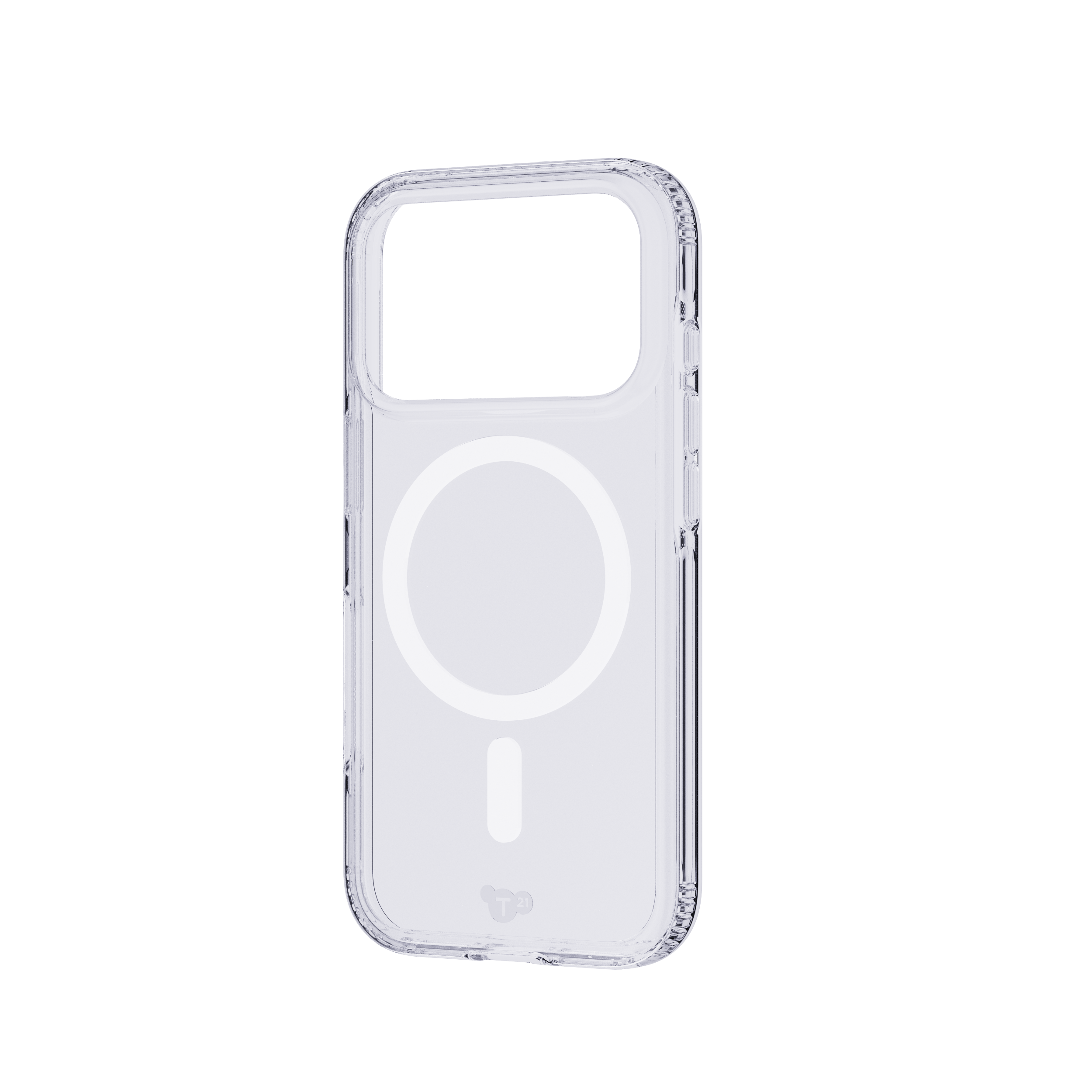 Clear, transparent iPhone case. It has a cutout for the camera and a MagSafe circle.