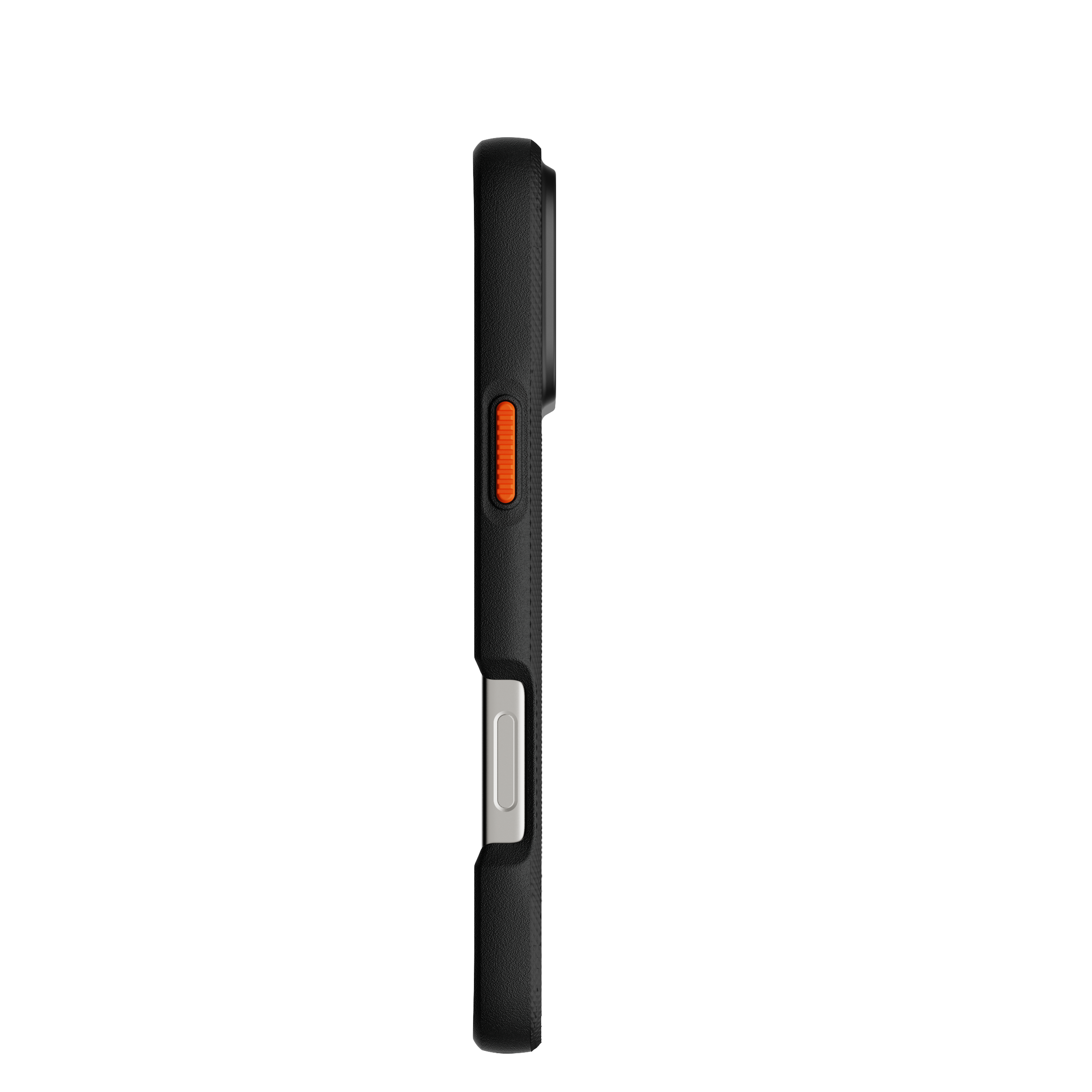 Schwarze Handyhülle mit orangefarbenen Knöpfen. Silbernes Knopfdetail. Isoliert auf weißem Hintergrund.
