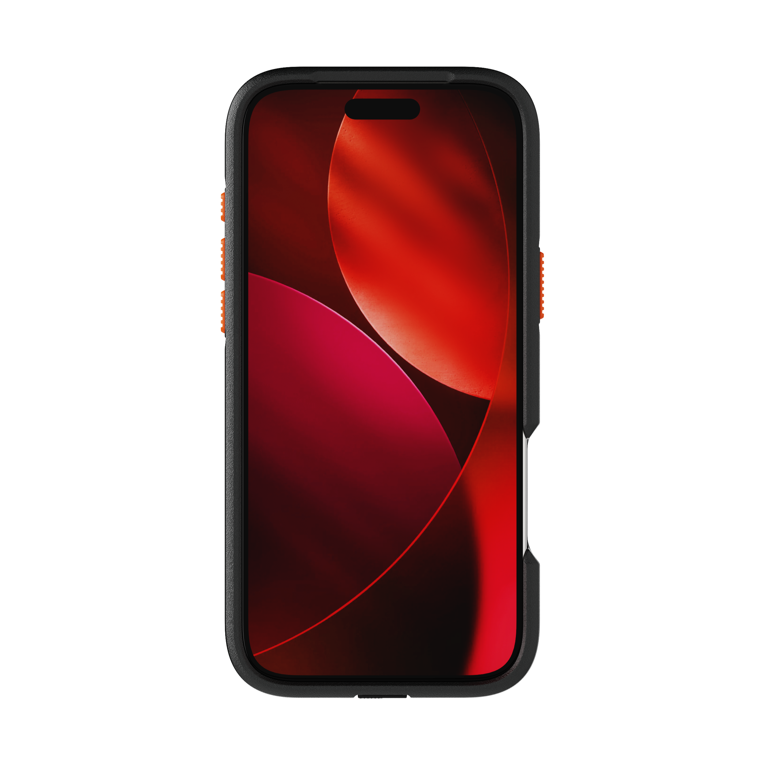 Smartphone in schwarzer Hülle, roter und burgunderfarbener Hintergrund mit weißem Rand.
