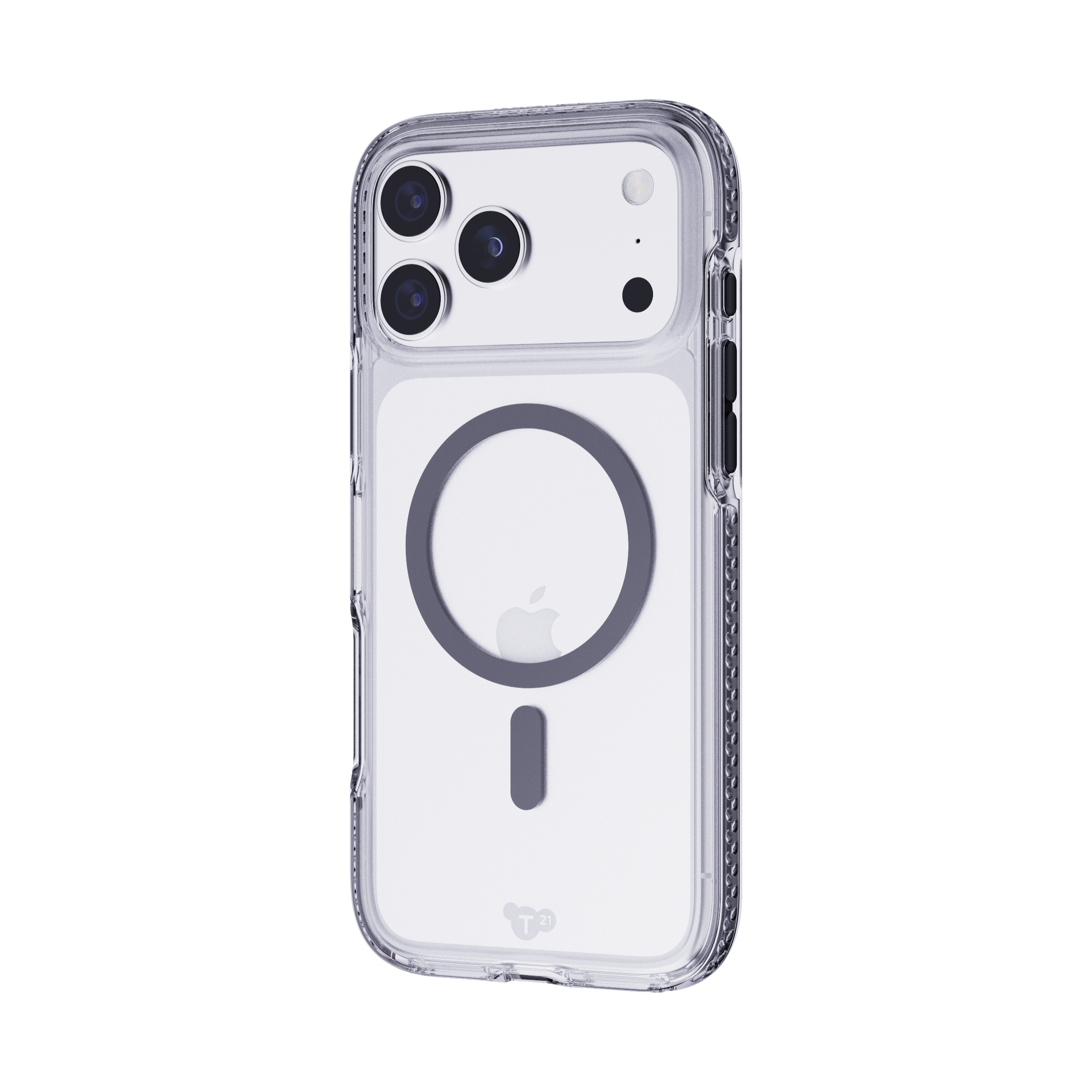 Custodia trasparente per telefono su sfondo bianco. Ha un ritaglio per la fotocamera e un cerchio MagSafe.