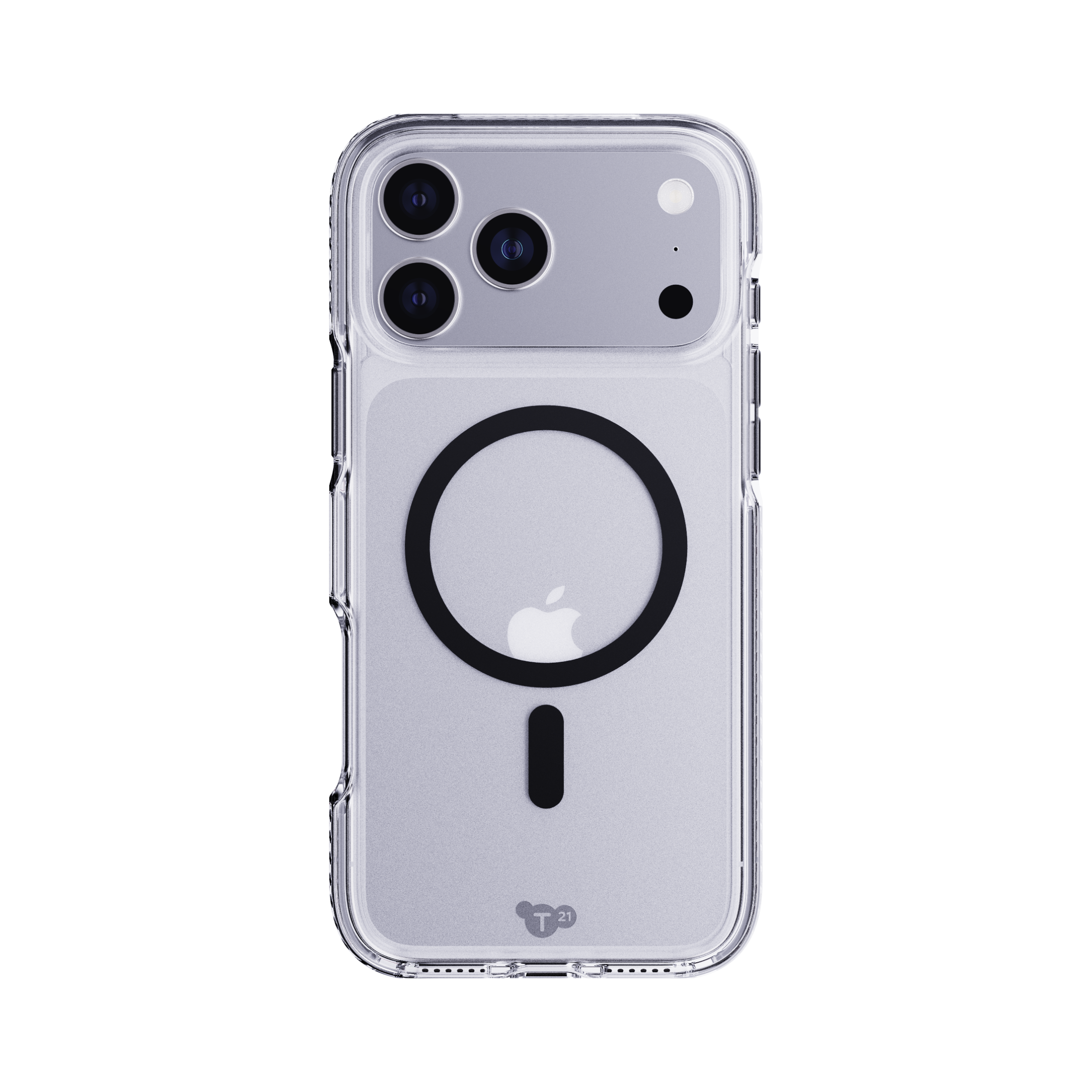 Custodia trasparente per telefono su sfondo bianco. Ha ritagli per la fotocamera, anello nero e logo Apple.