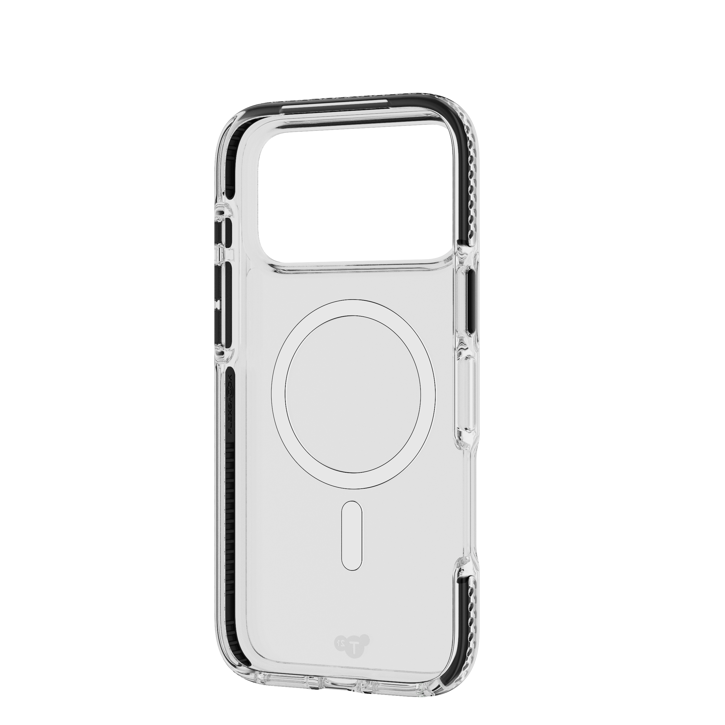 Custodia trasparente per telefono con bordi neri. Retro trasparente con design circolare, isolata su sfondo bianco.