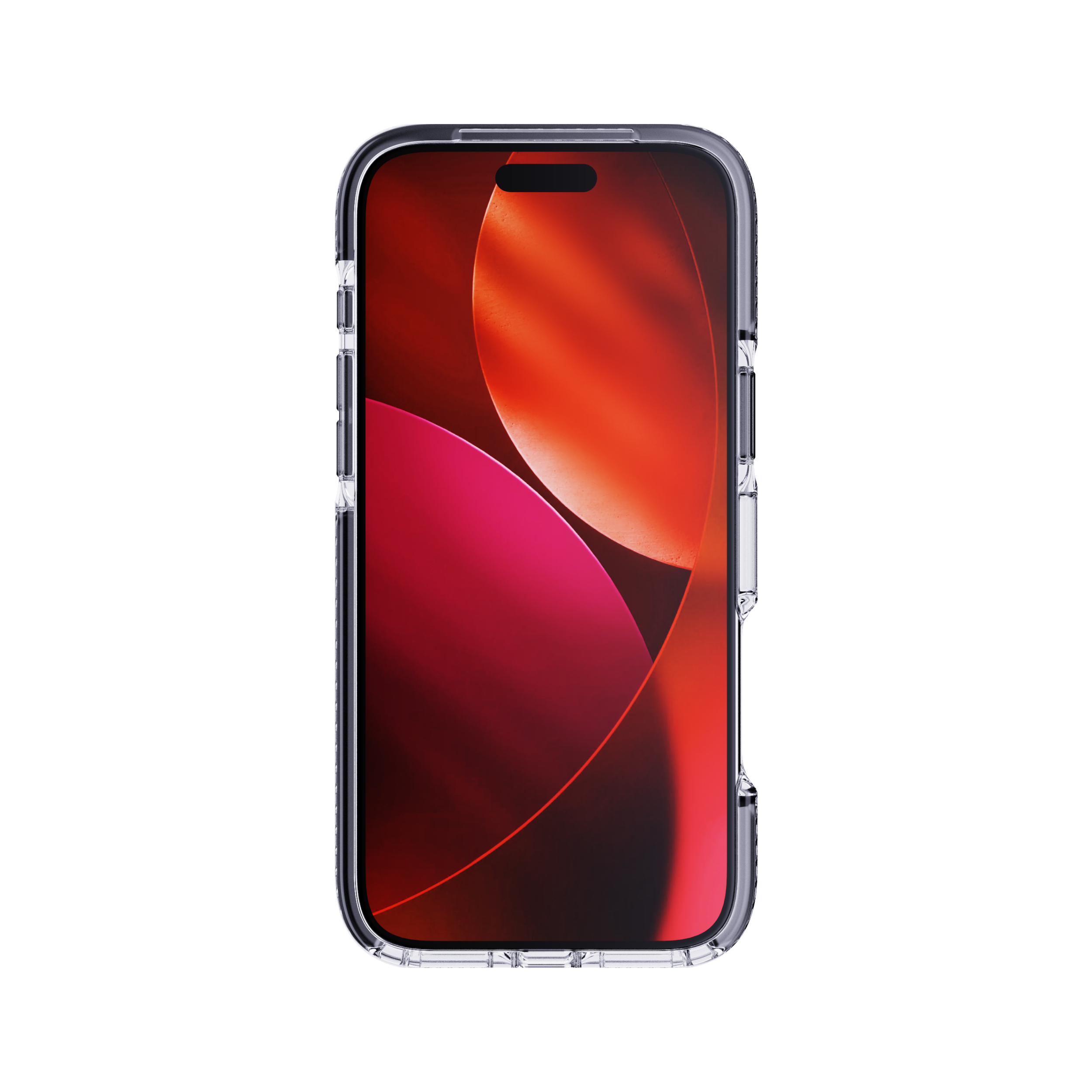 Un telefono in una custodia trasparente. Lo schermo mostra forme astratte rosse e rosa su sfondo bianco.