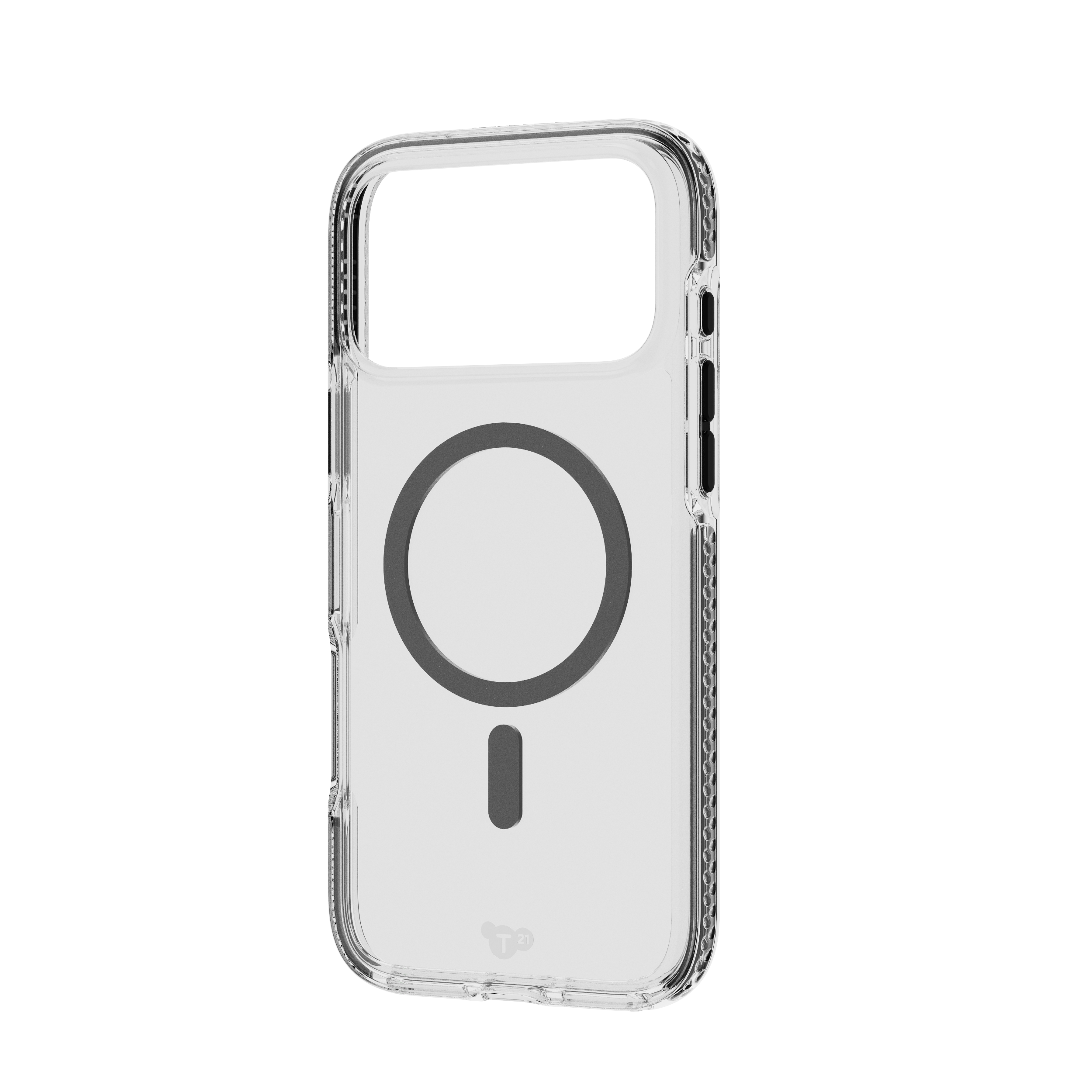 Una custodia trasparente per telefono con un elemento circolare grigio scuro e un piccolo rettangolo verticale.