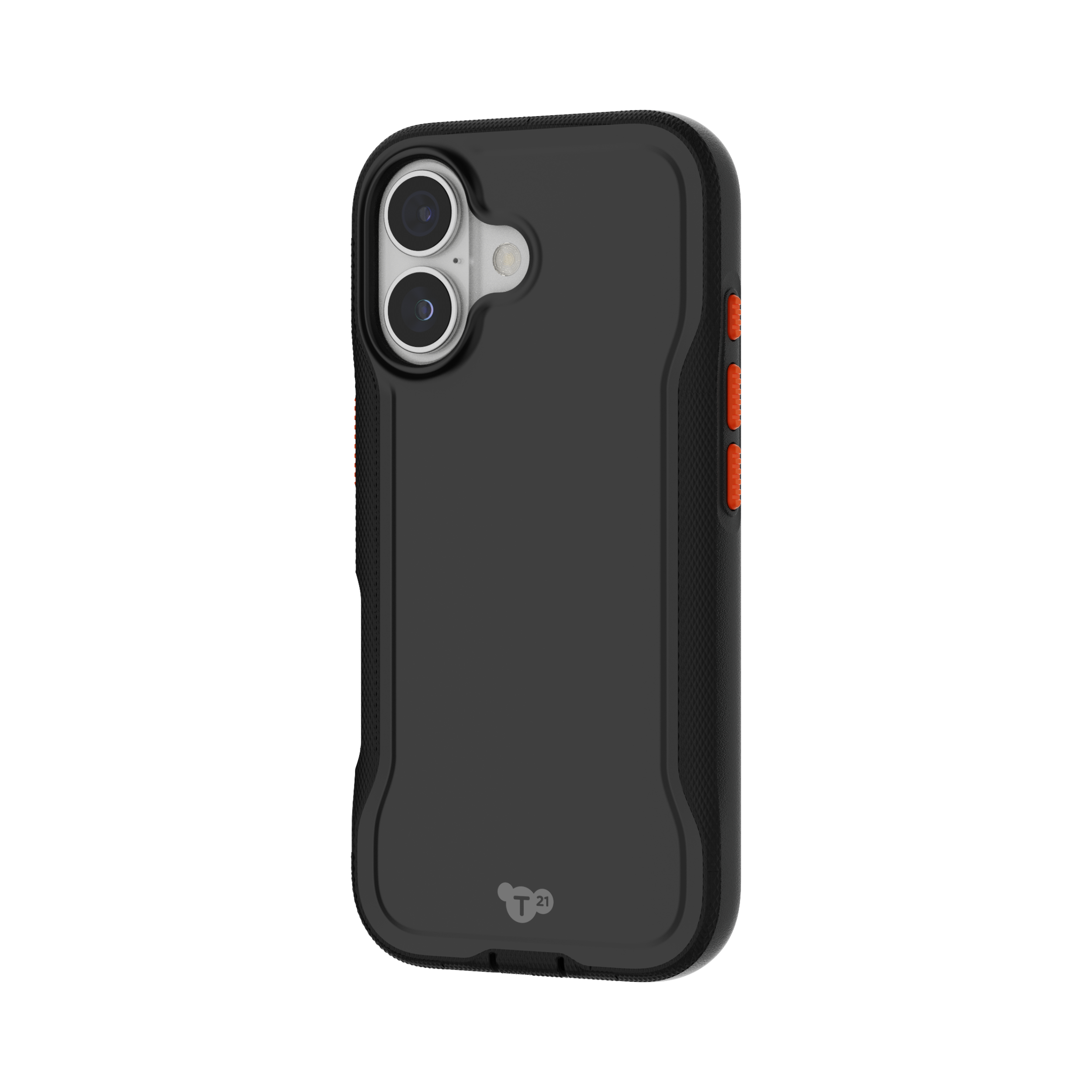 Una custodia nera per telefono con pulsanti arancioni e fotocamera a doppia lente su sfondo nero.