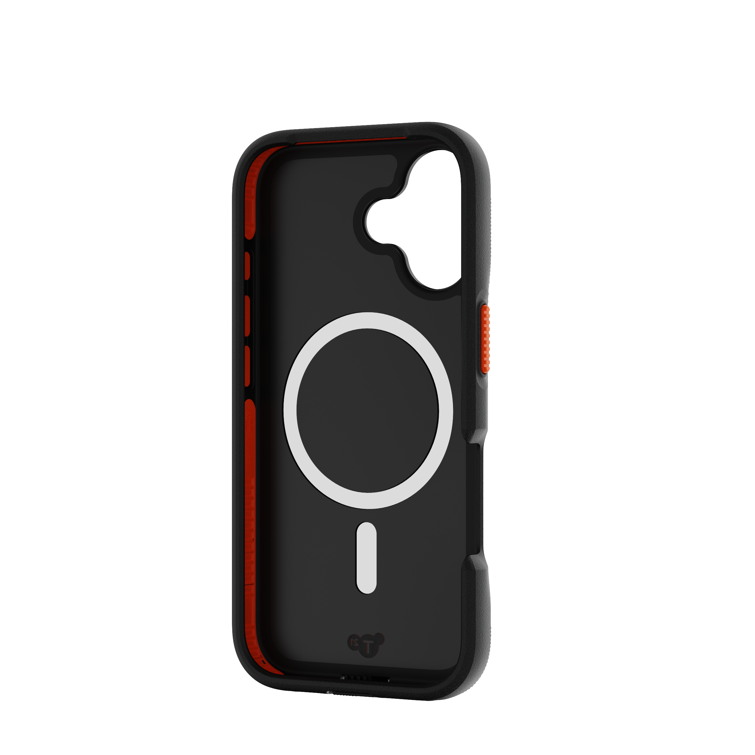 Custodia nera per telefono con rifiniture rosse e componente MagSafe circolare bianco. La custodia ha un'apertura per la fotocamera.