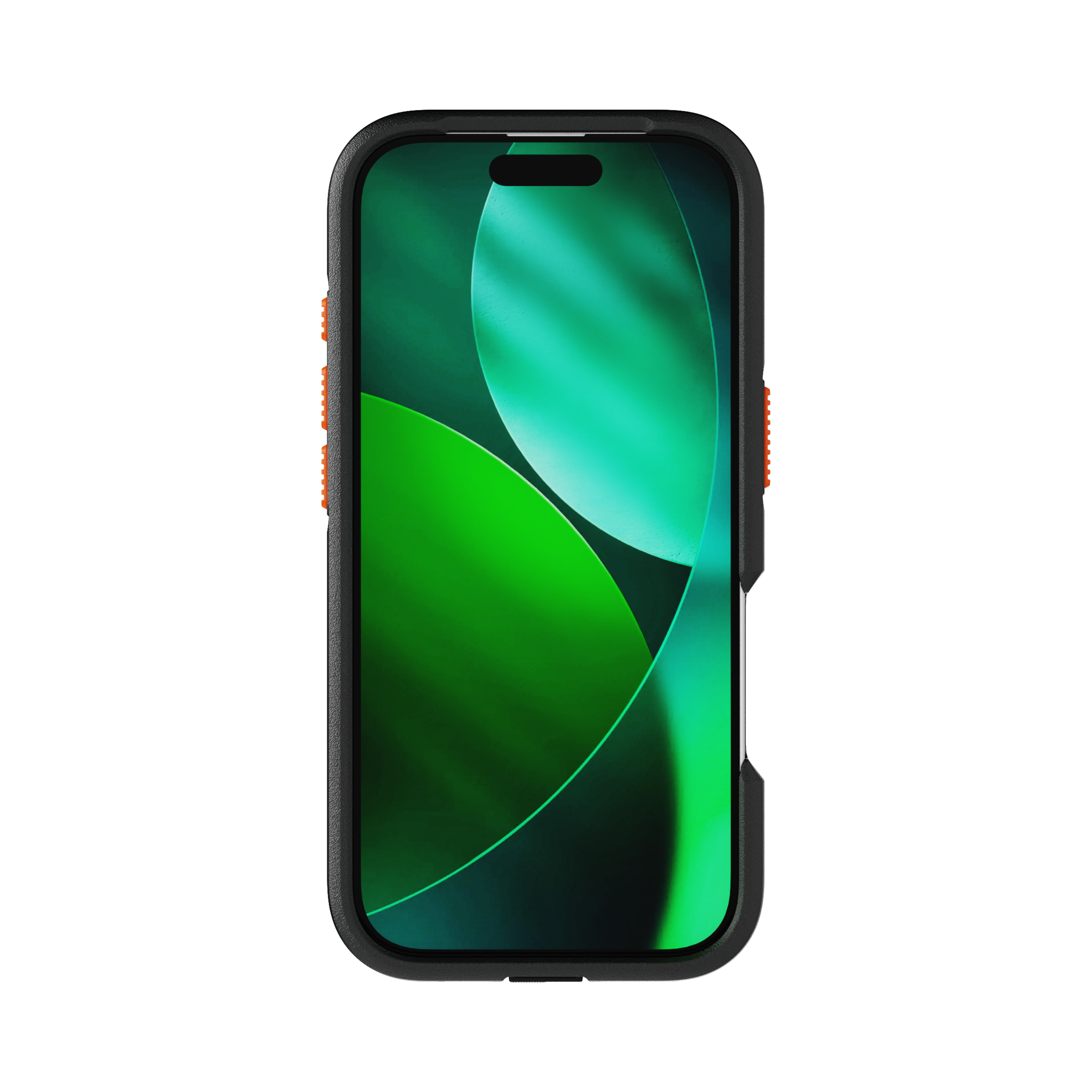 Un telefono in una custodia nera con sfondo verde astratto. Pulsanti arancioni sul lato.