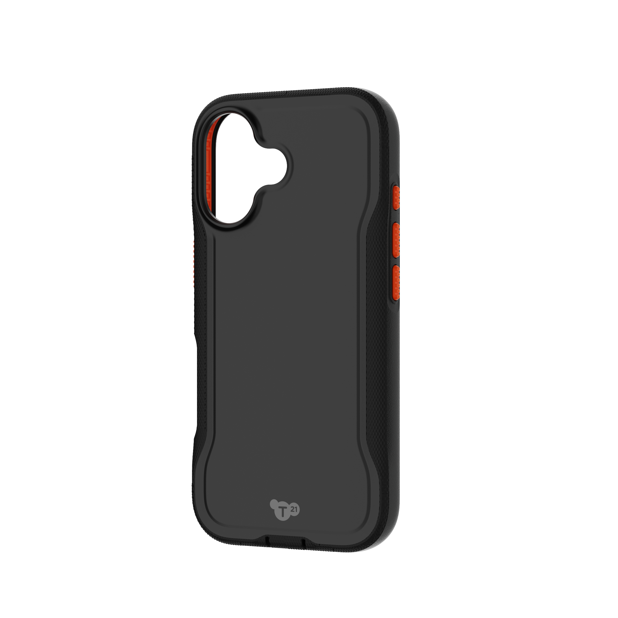 Una custodia nera per telefono con dettagli arancioni. Presenta un ritaglio per la fotocamera, pulsanti arancioni e un lato strutturato.