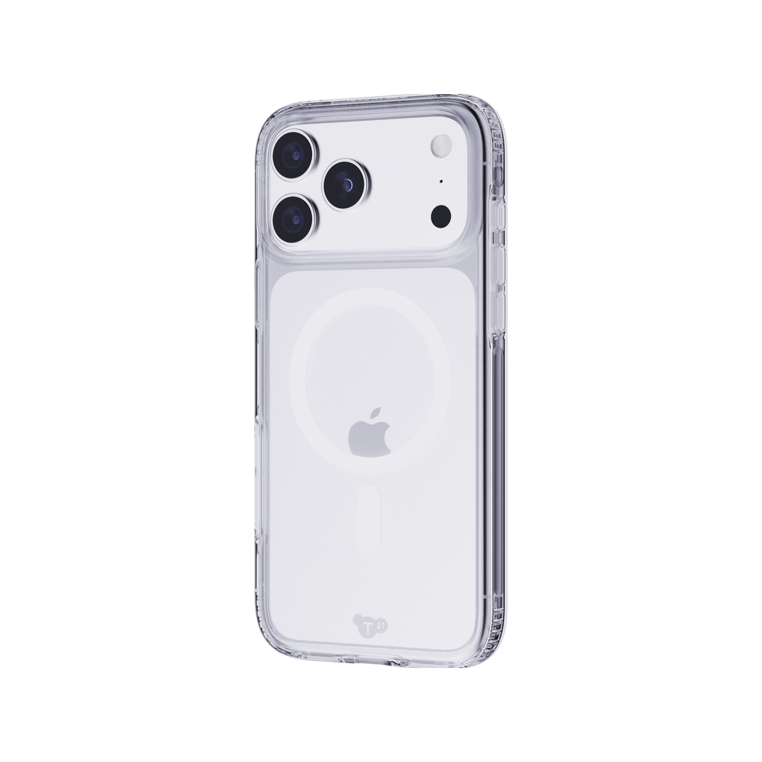 Transparante telefoonhoes met een iPhone erin. De cameralenzen en het Apple-logo zijn zichtbaar.