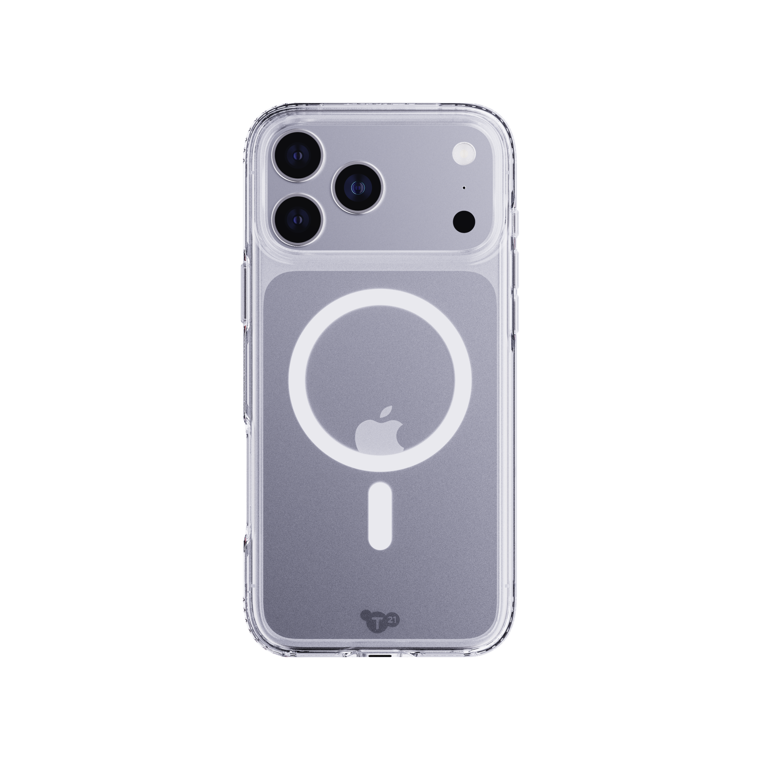 Een transparante telefoonhoes met Apple-logo, cameralenzen en een MagSafe-cirkel en -lijn.
