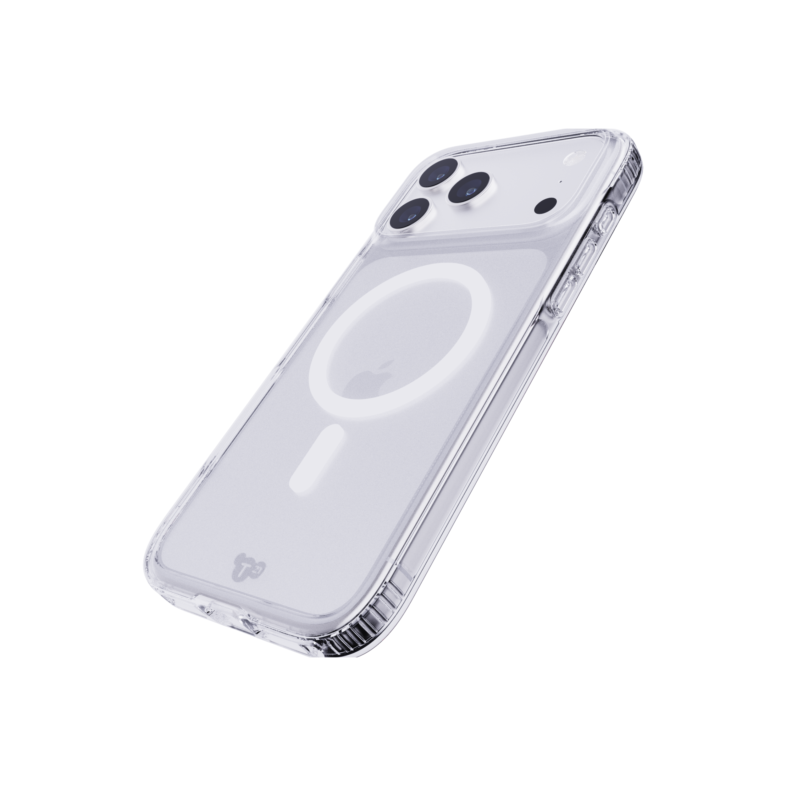 Transparante telefoonhoes op witte achtergrond. De hoes is voor een iPhone. Het heeft drie cameralenzen en een MagSafe-ring.