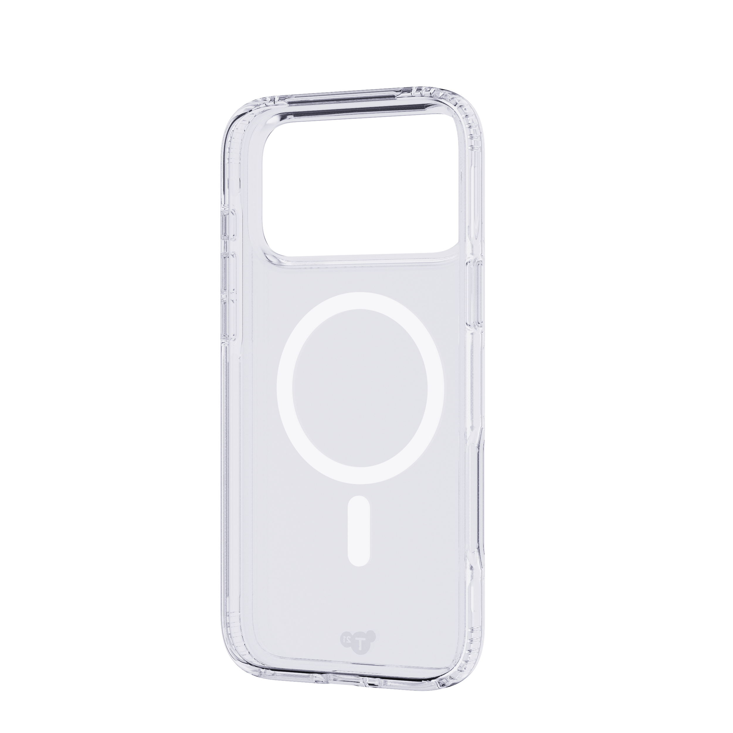 Transparante telefoonhoes met een cirkelvormig en rechthoekig ontwerp voor de camera. De hoes heeft een MagSafe-ring.