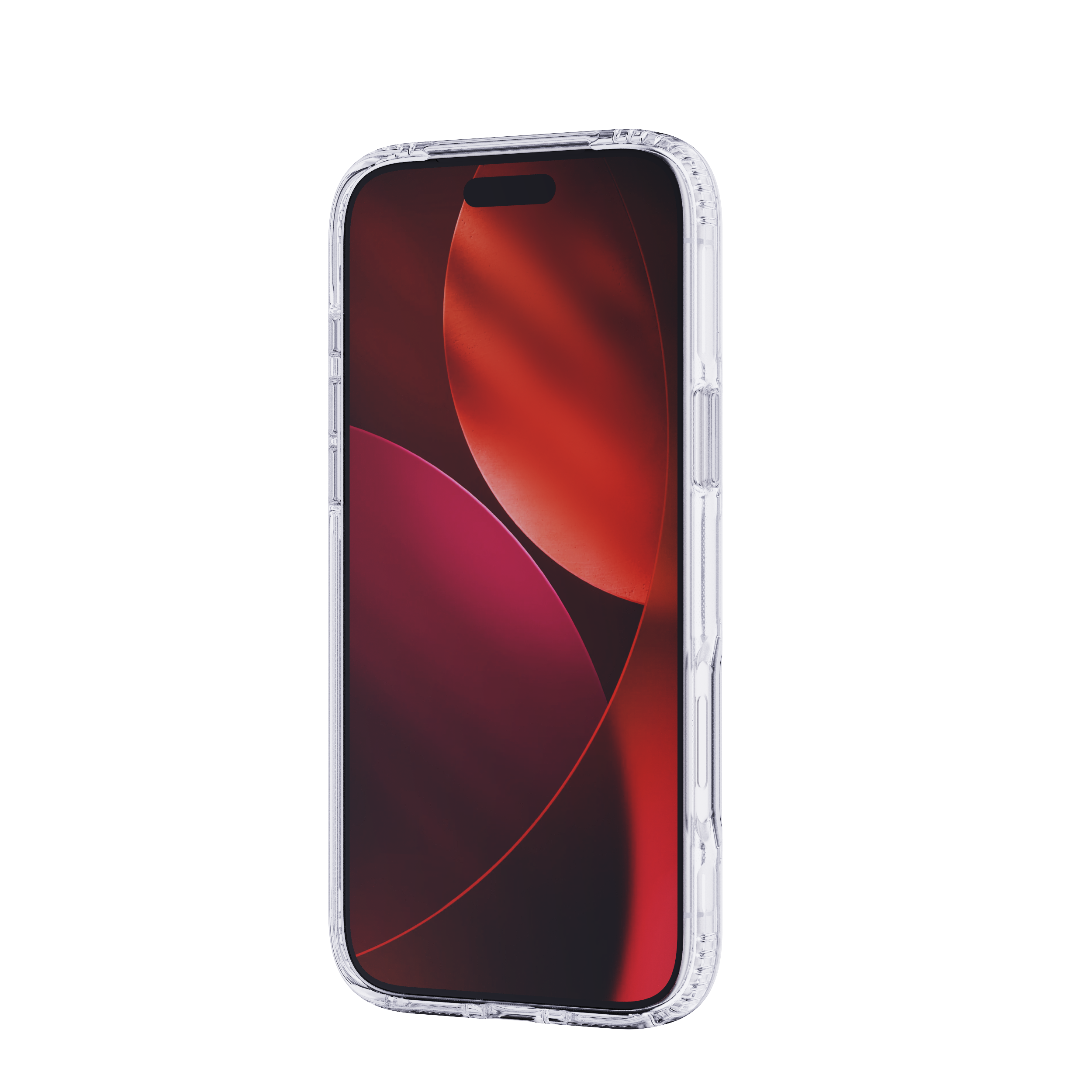 Een smartphone in een transparante hoes, het scherm toont een abstract ontwerp in rood en bordeauxrood.