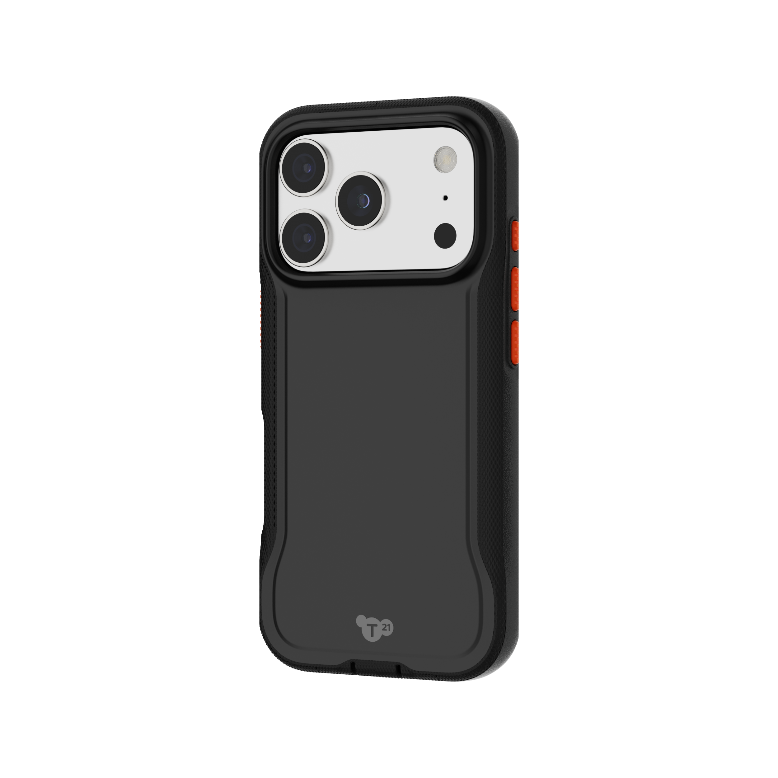 Una custodia nera per telefono con pulsanti arancioni. La custodia ha ritagli per la fotocamera e un logo.