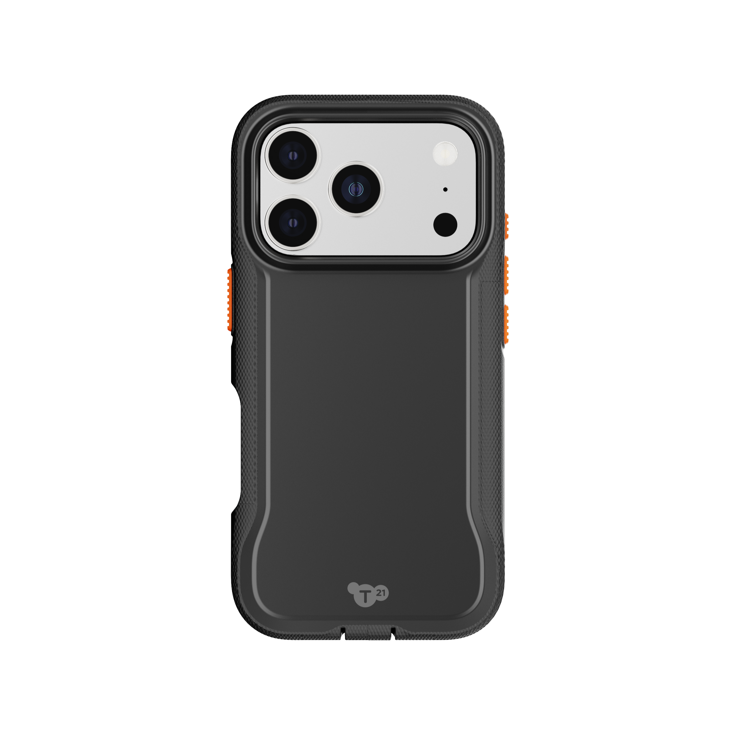 Custodia per telefono nera con dettagli arancioni. Sono visibili tre obiettivi e un flash. La custodia ha un logo.
