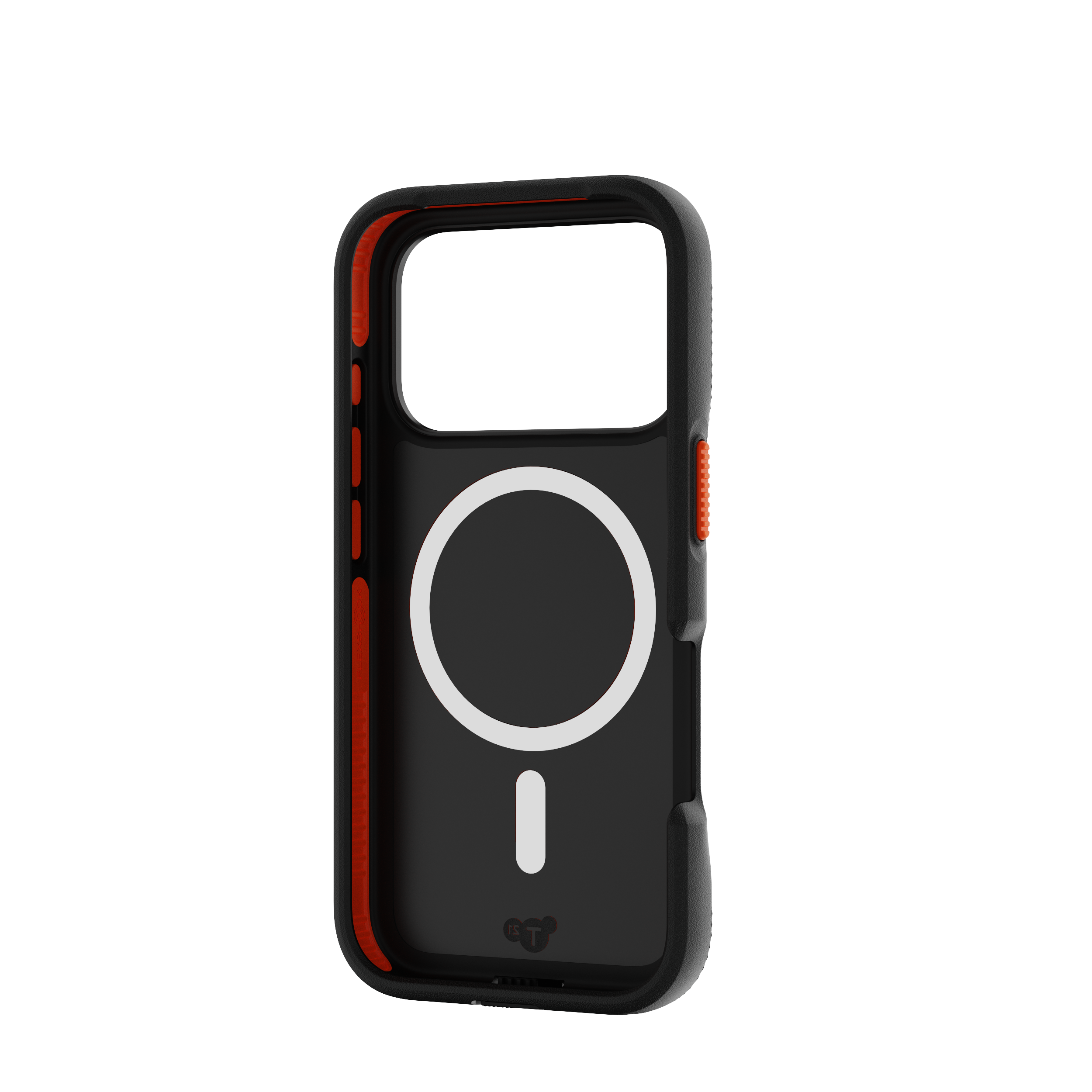 Custodia per telefono nera e arancione con un cerchio bianco e un segno meno.