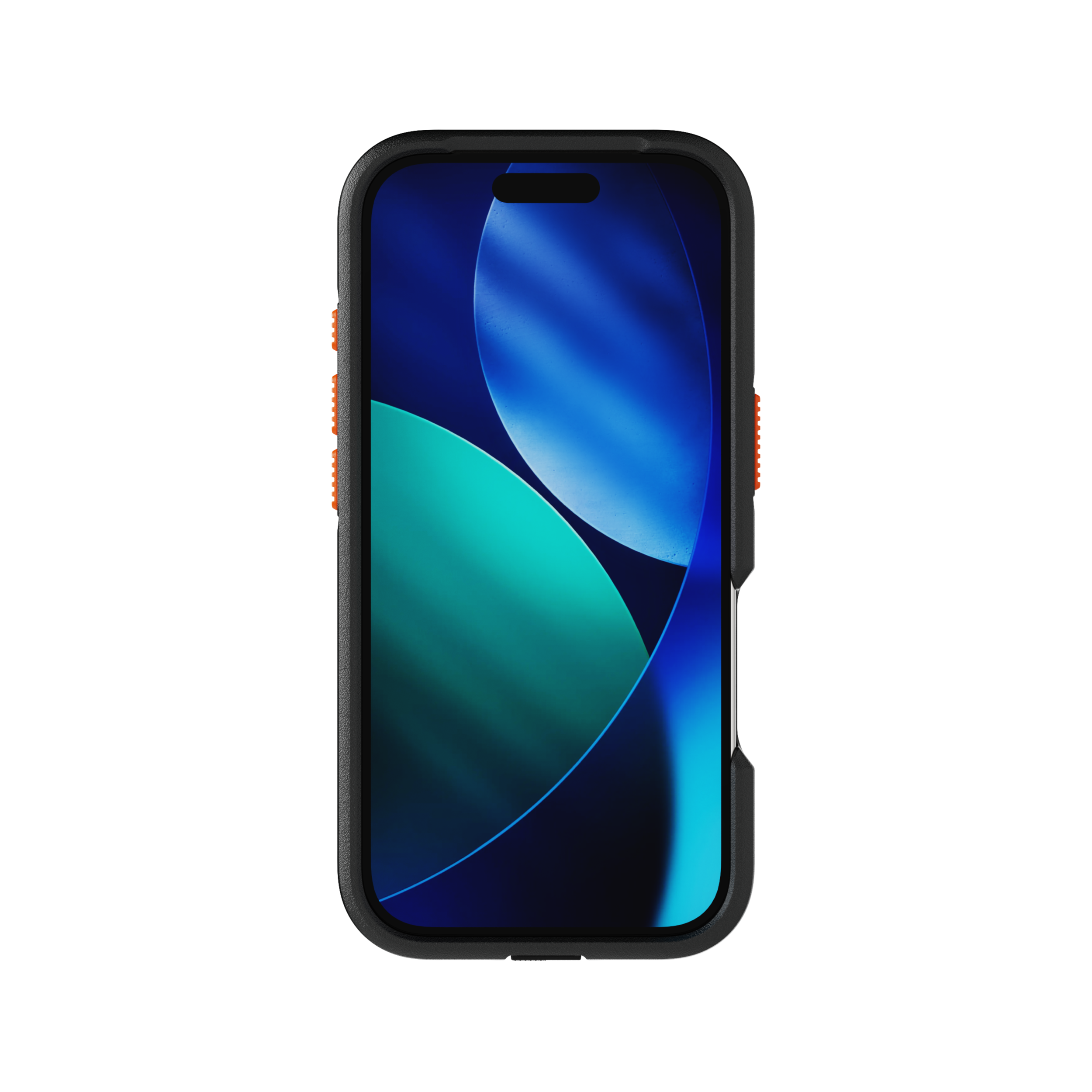 Smartphone in una custodia nera con pulsanti arancioni. Lo schermo mostra un design astratto blu e verde.
