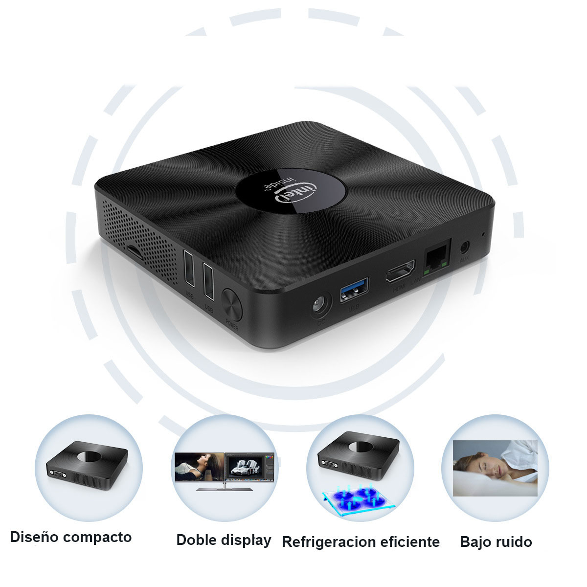 Mini PC Intel negro con puertos, USB y botón de encendido. Debajo, iconos: diseño compacto, doble pantalla, refrigeración eficiente y bajo ruido.