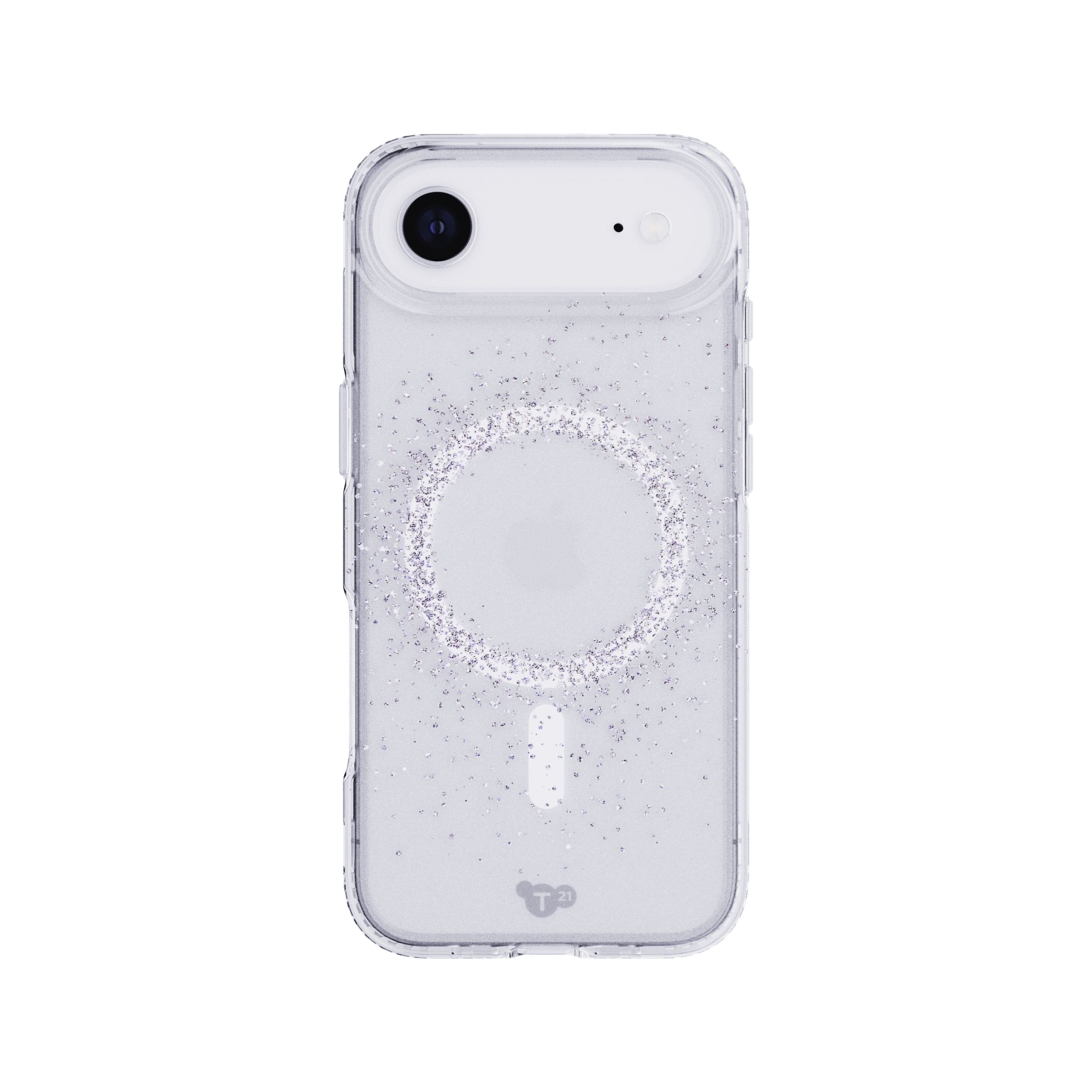 Una custodia trasparente per telefono con glitter. Ha un ritaglio per la fotocamera e un'area bianca in alto. Lo sfondo è bianco.