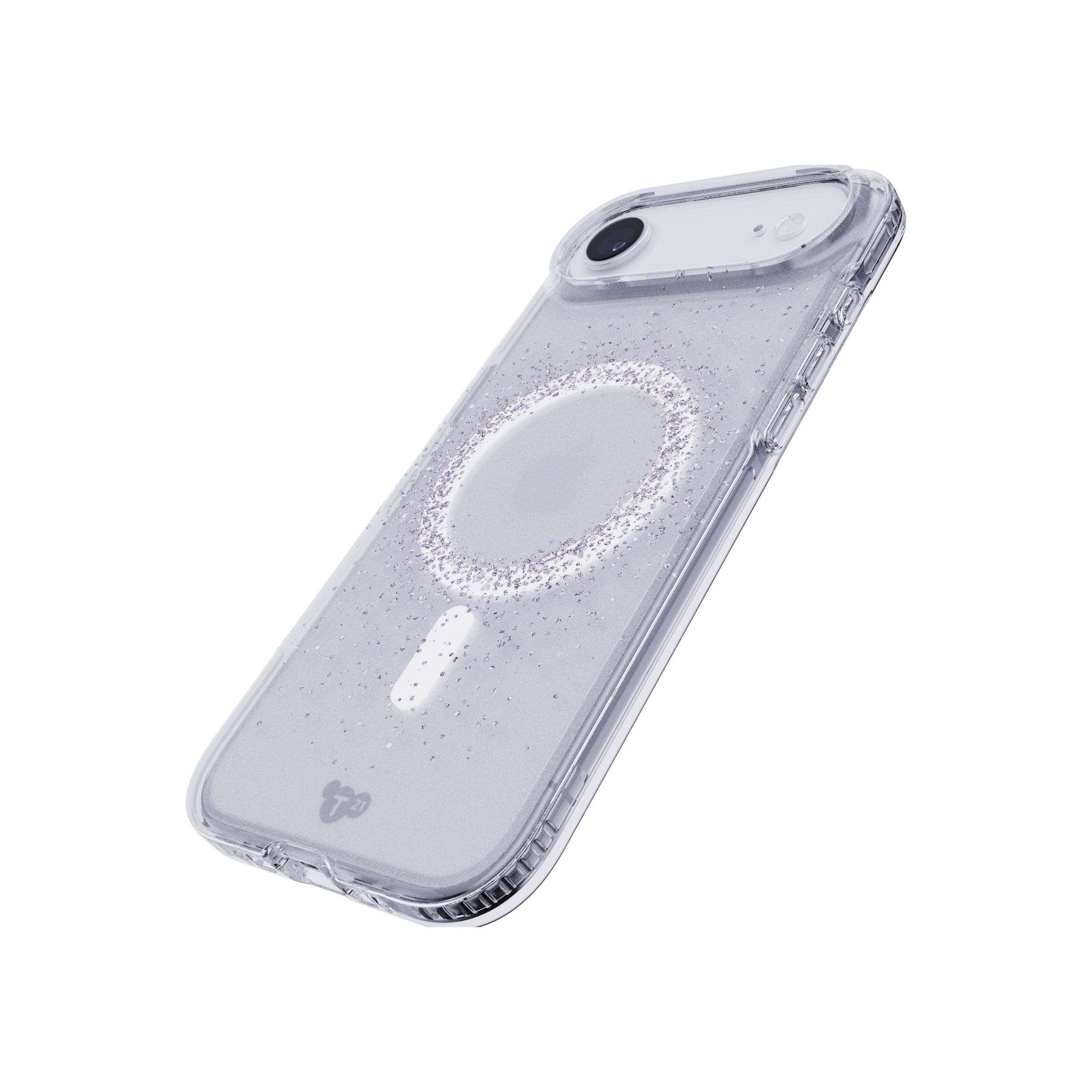 Custodia trasparente per telefono con glitter. Ha una fotocamera, pulsanti e un cerchio di ricarica sul retro. Sfondo bianco.