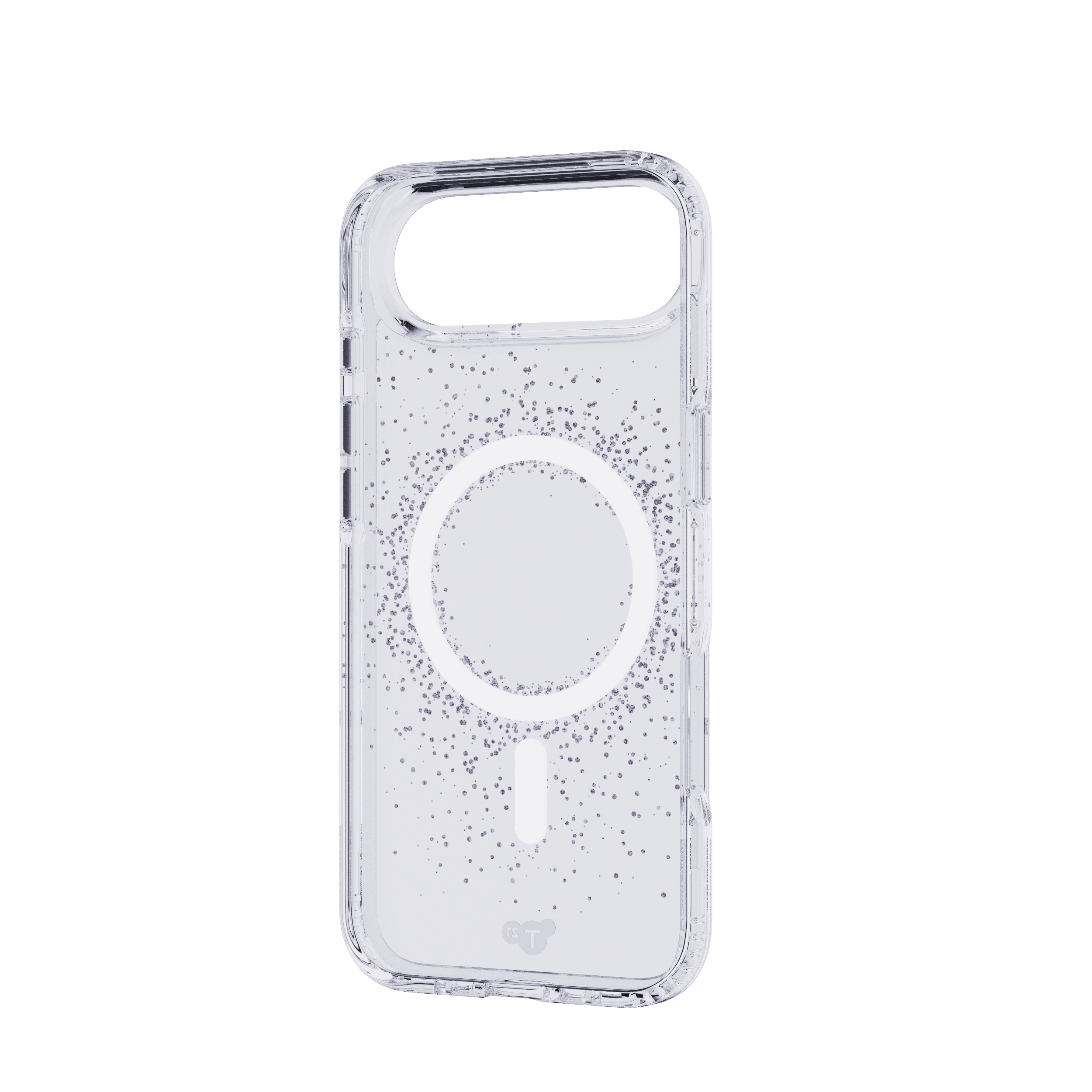 Custodia trasparente per telefono con glitter. Presenta un grande ritaglio circolare e uno più piccolo in basso. Lo sfondo è bianco.