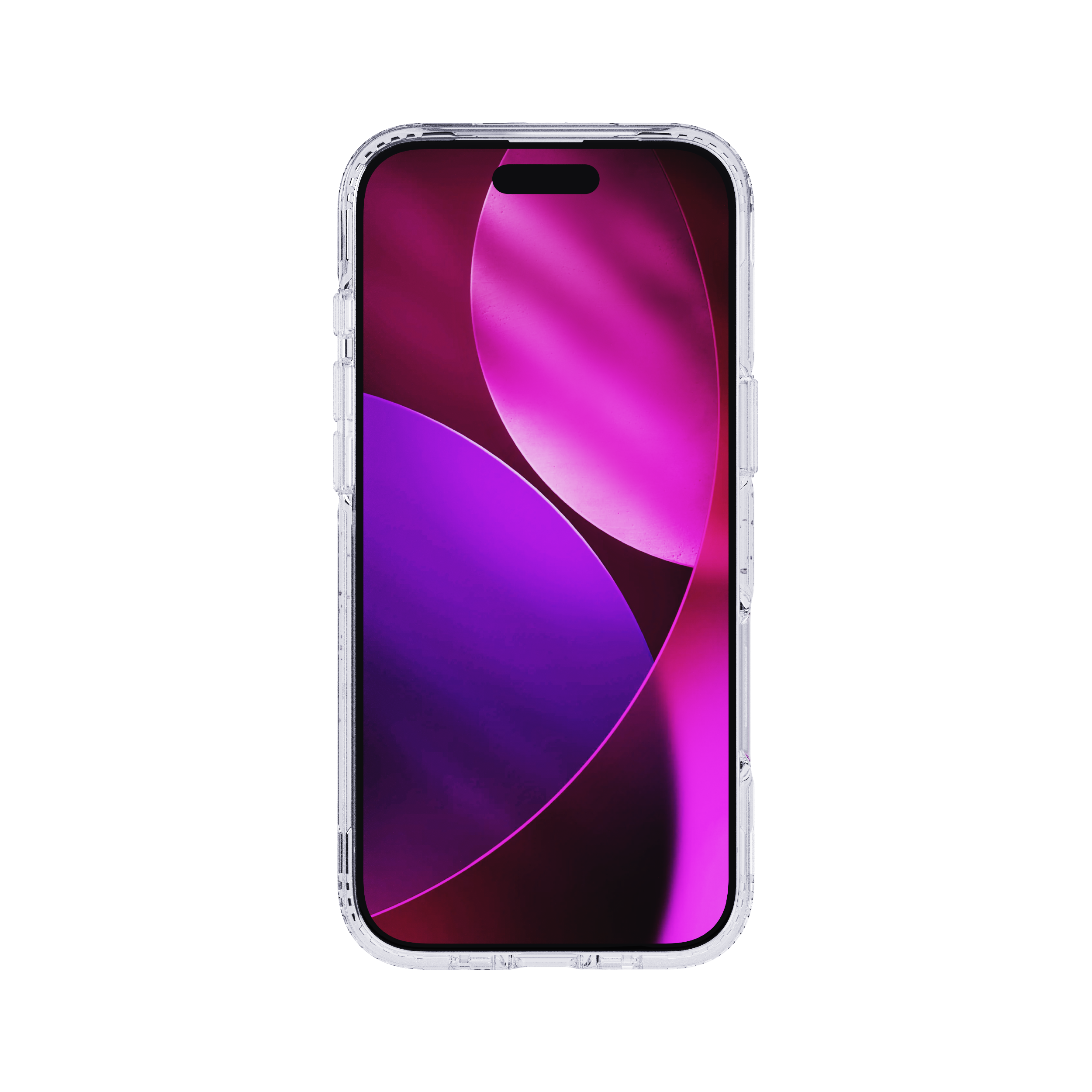 Uno smartphone in una custodia trasparente, lo schermo mostra forme astratte rosa e viola su sfondo bianco.