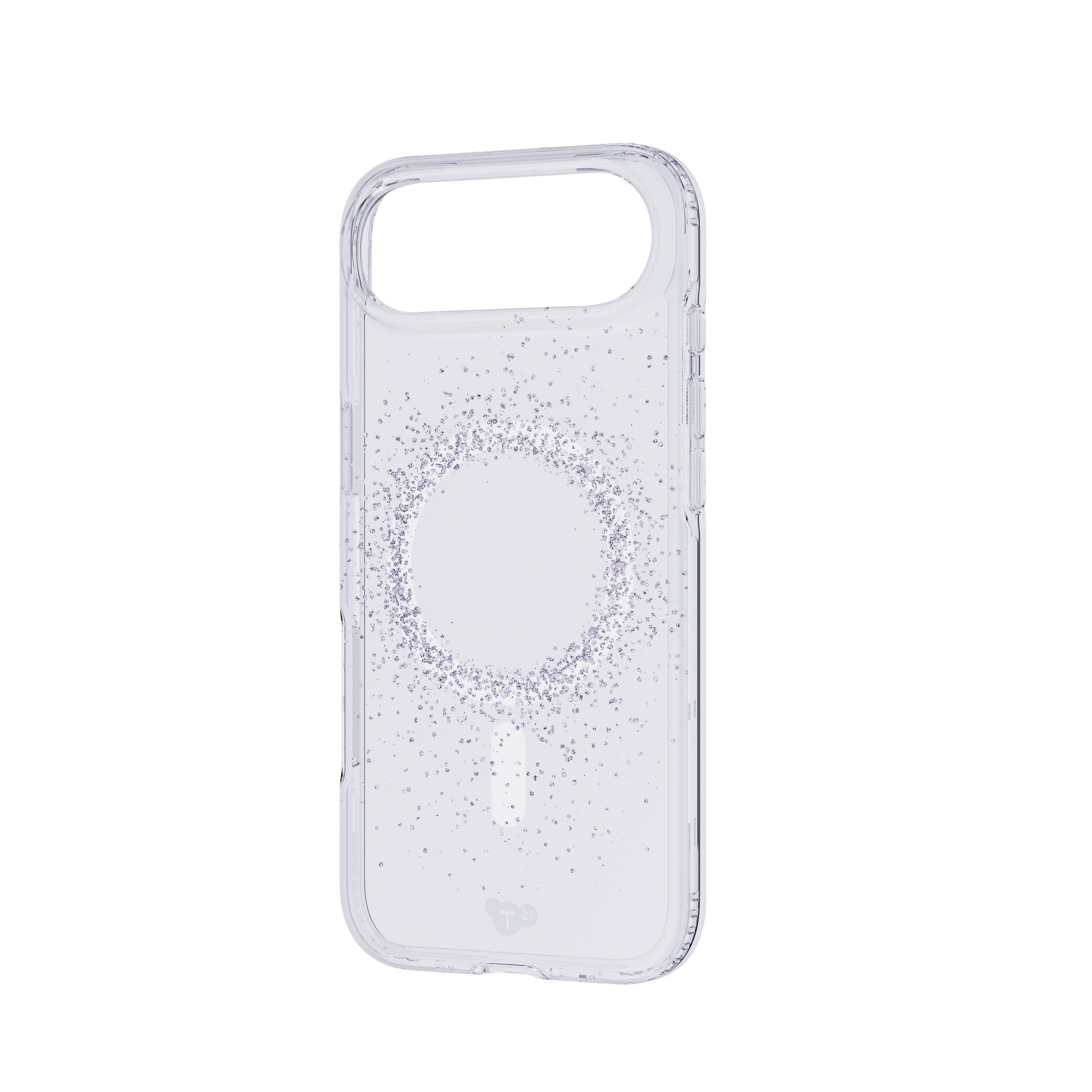 Custodia trasparente per telefono con glitter attorno alla fotocamera. La custodia è trasparente e ha un logo.
