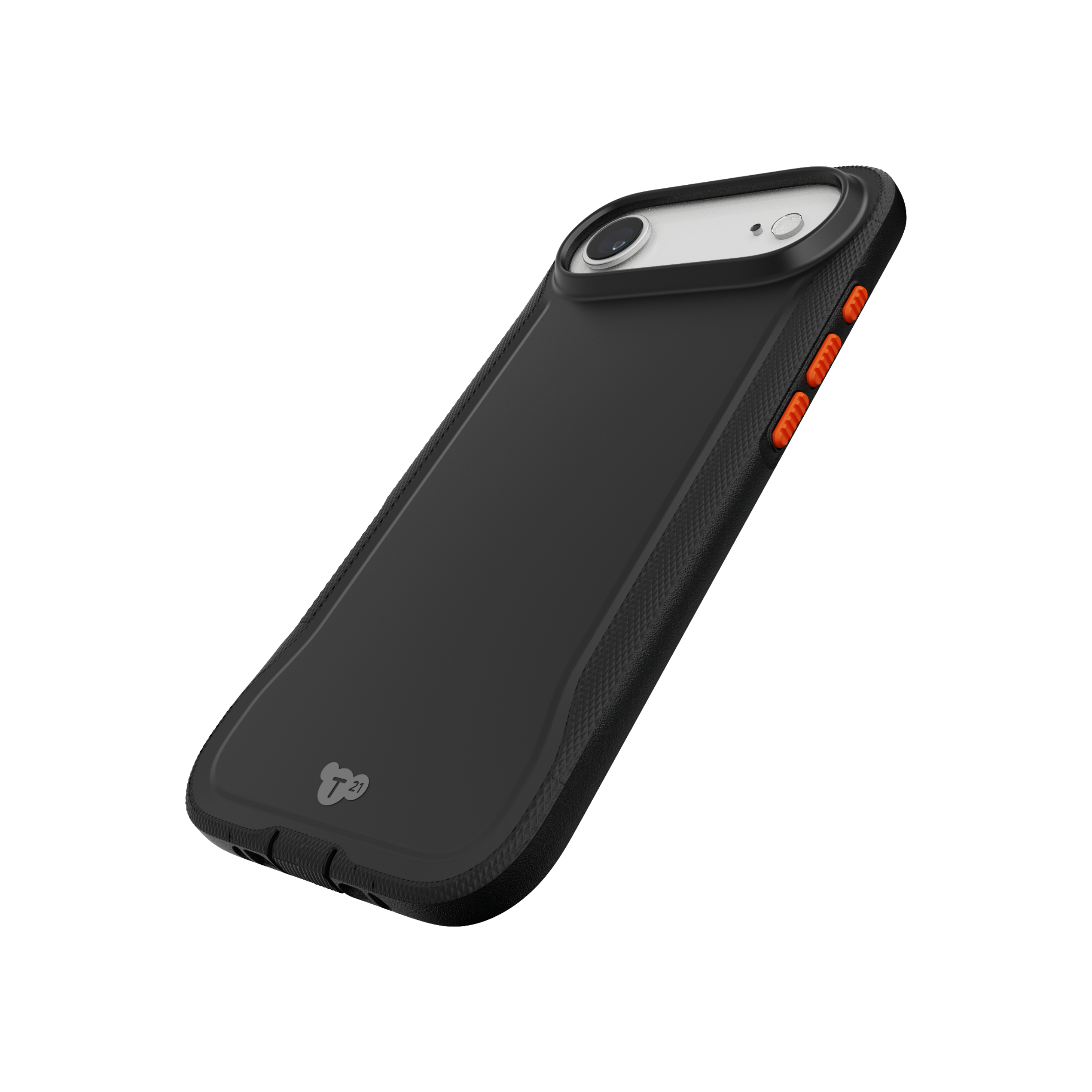 Custodia nera per telefono con pulsanti arancioni, fotocamera e logo. Vista angolata su sfondo bianco.