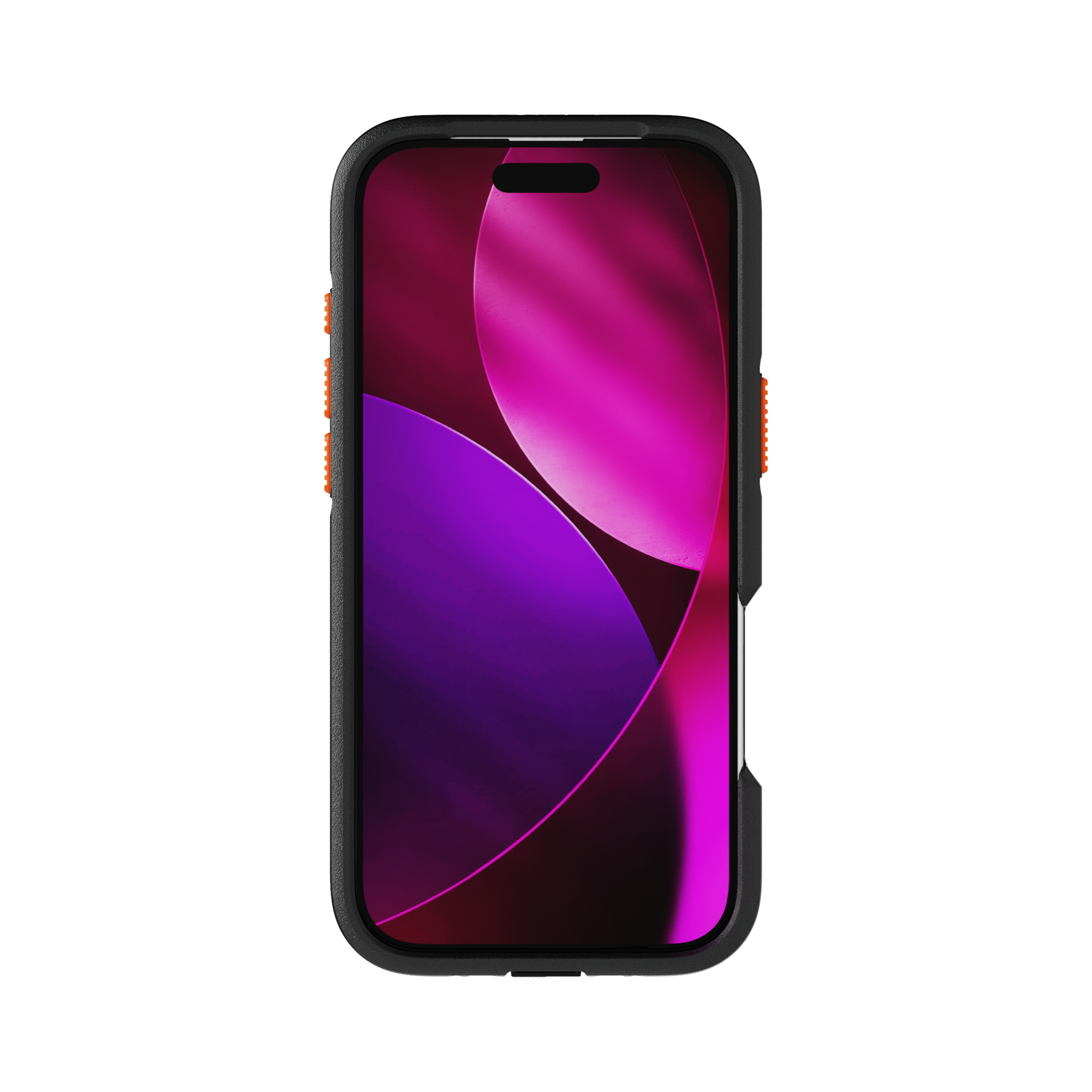 Un telefono in una custodia nera con pulsanti arancioni. Lo schermo mostra forme astratte rosa e viola.
