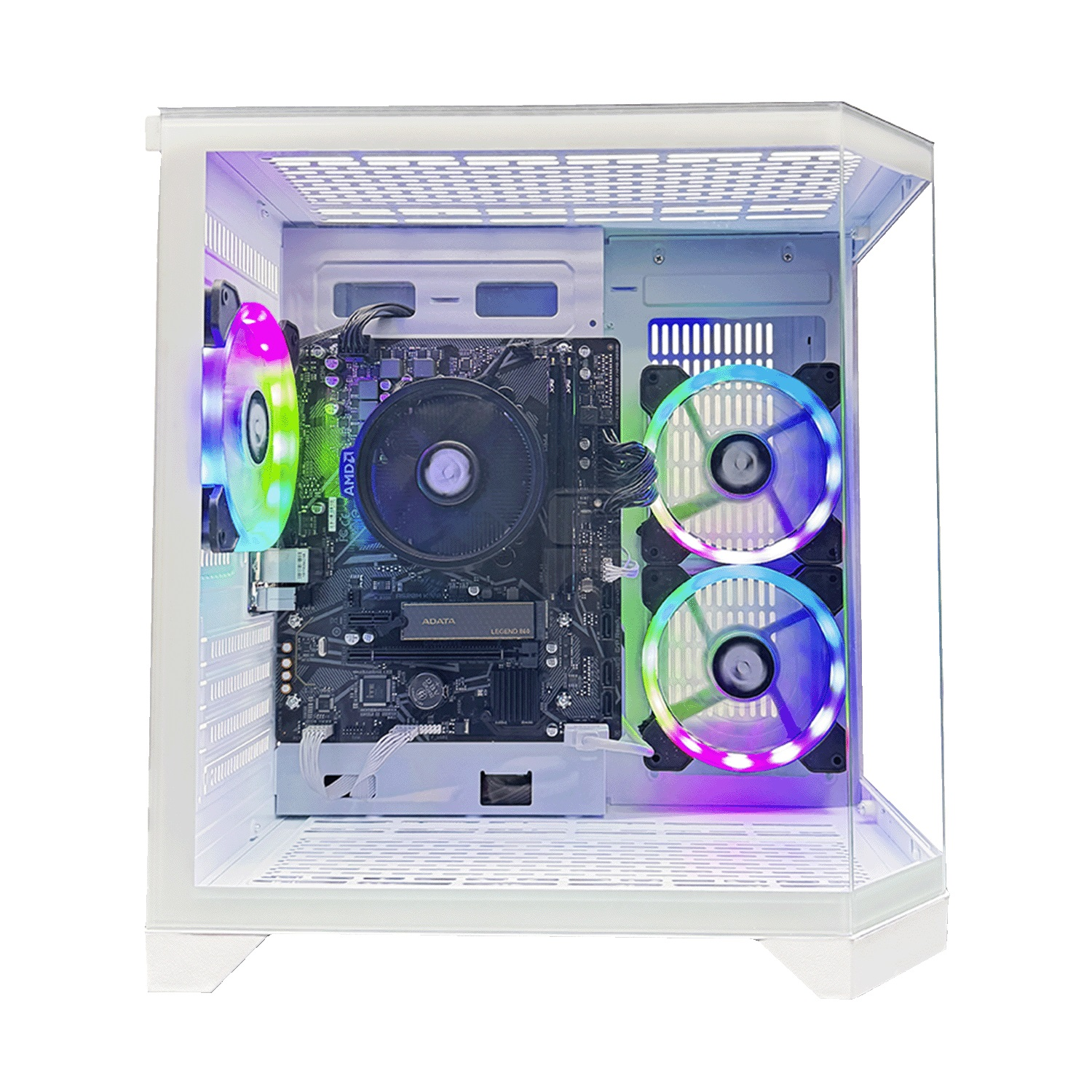 Biała obudowa PC z komponentami w środku. Widoczne wentylatory z kolorowymi światłami. Zainstalowany procesor, płyta główna i inne części.