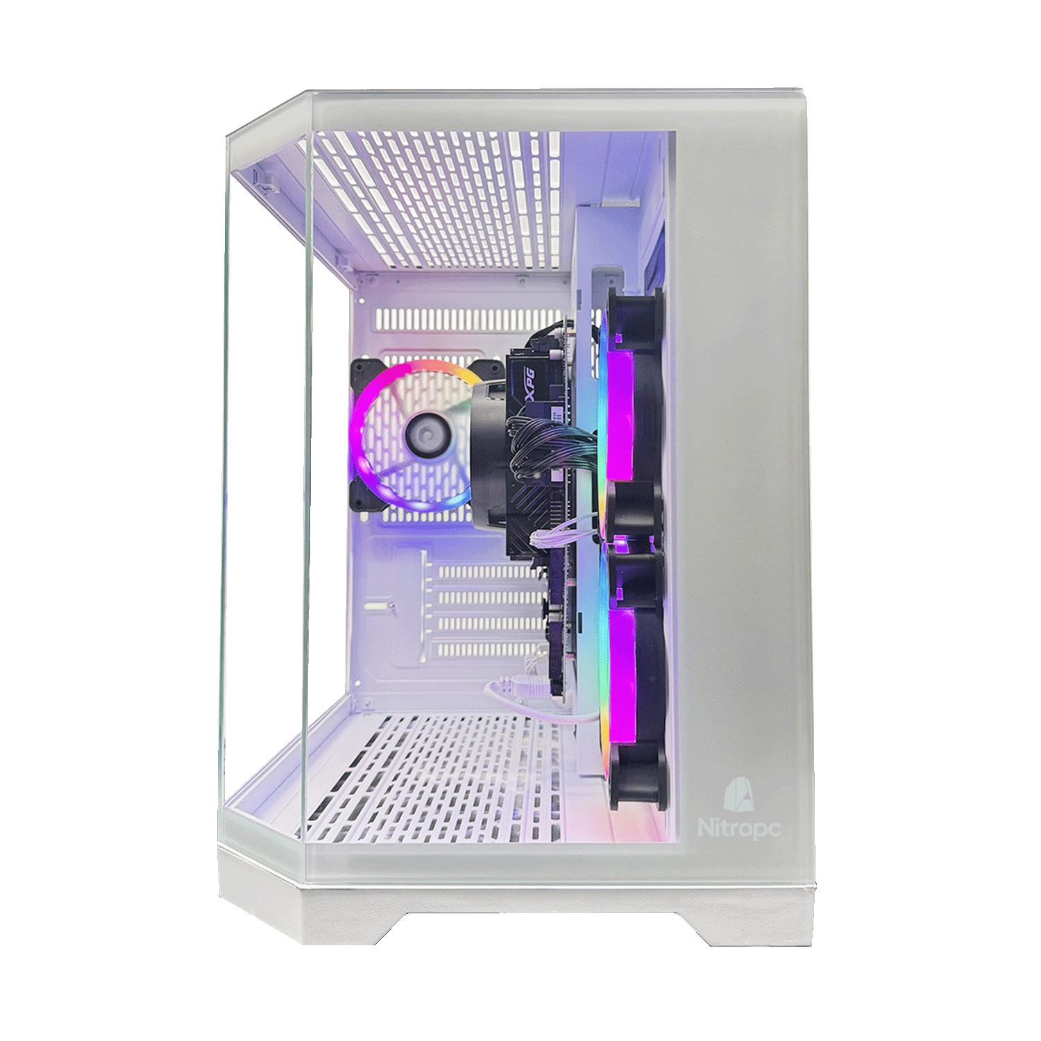 Biała obudowa komputera z szklanym panelem bocznym. Widoczne komponenty wewnętrzne, w tym chłodzenie CPU i wentylatory z RGB.