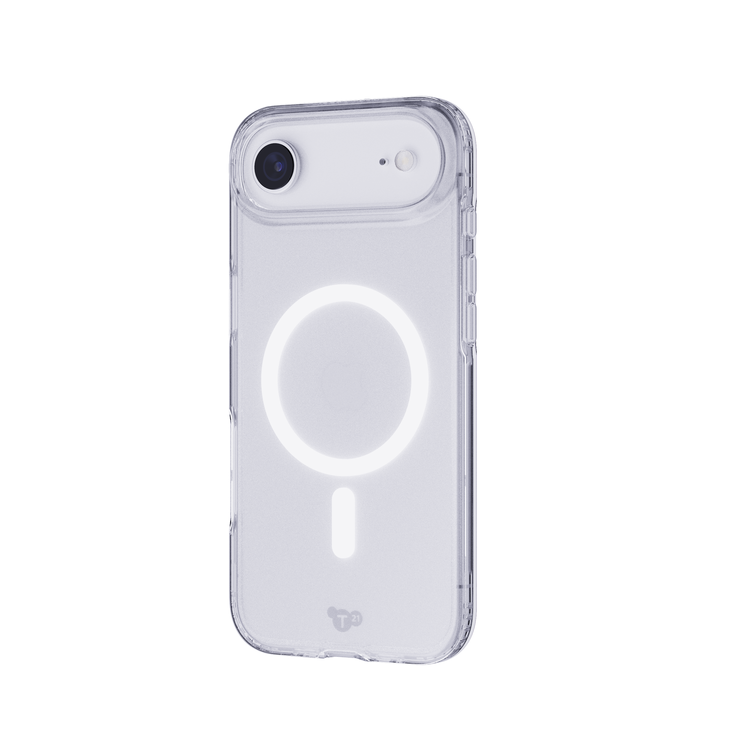 Une coque de téléphone transparente avec un cercle et une barre blancs lumineux, sur fond blanc.