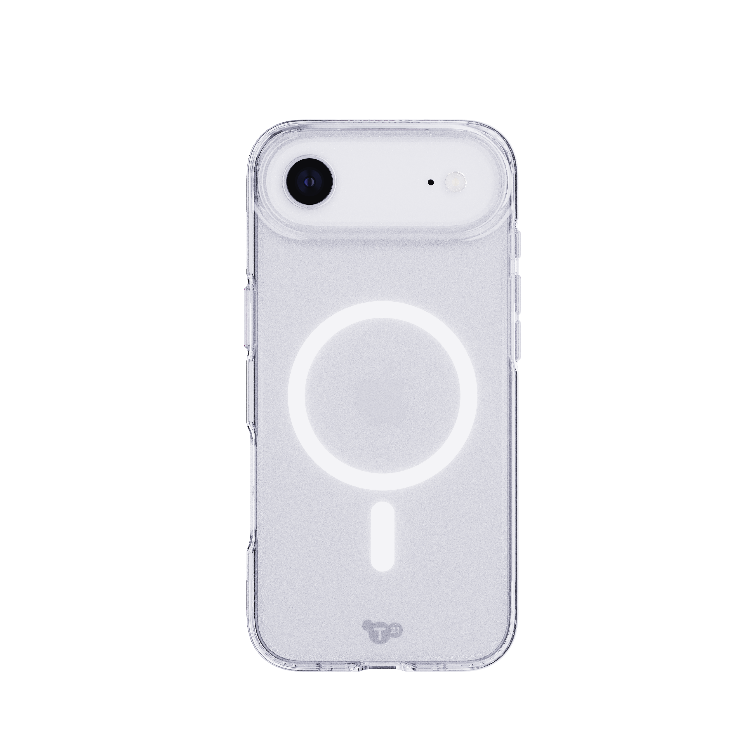 Une coque de téléphone transparente avec un anneau lumineux et un signe moins, avec une caméra en haut. Isolé sur fond blanc.