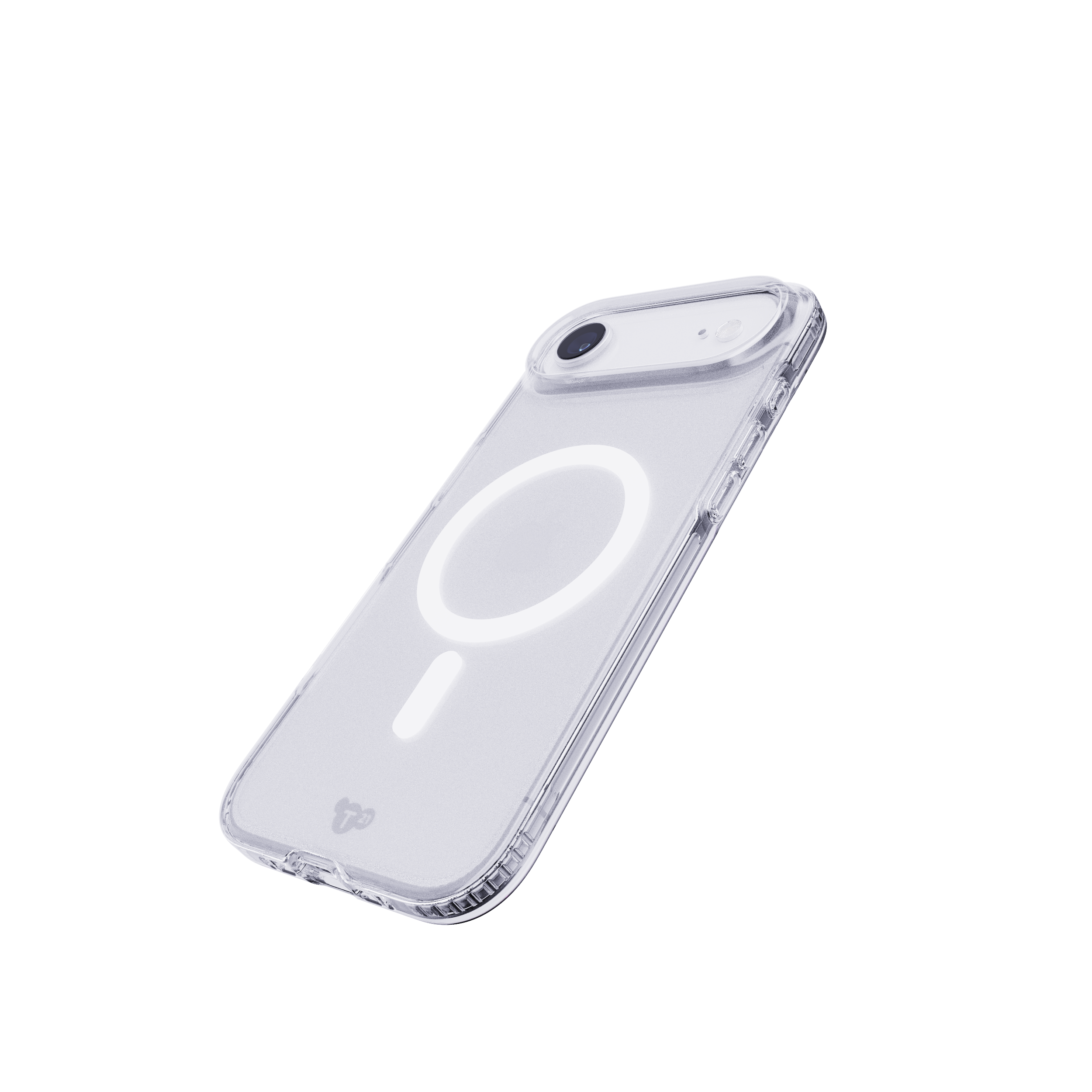 Une coque de téléphone transparente est inclinée, montrant la caméra et l'anneau MagSafe. Le fond est blanc.