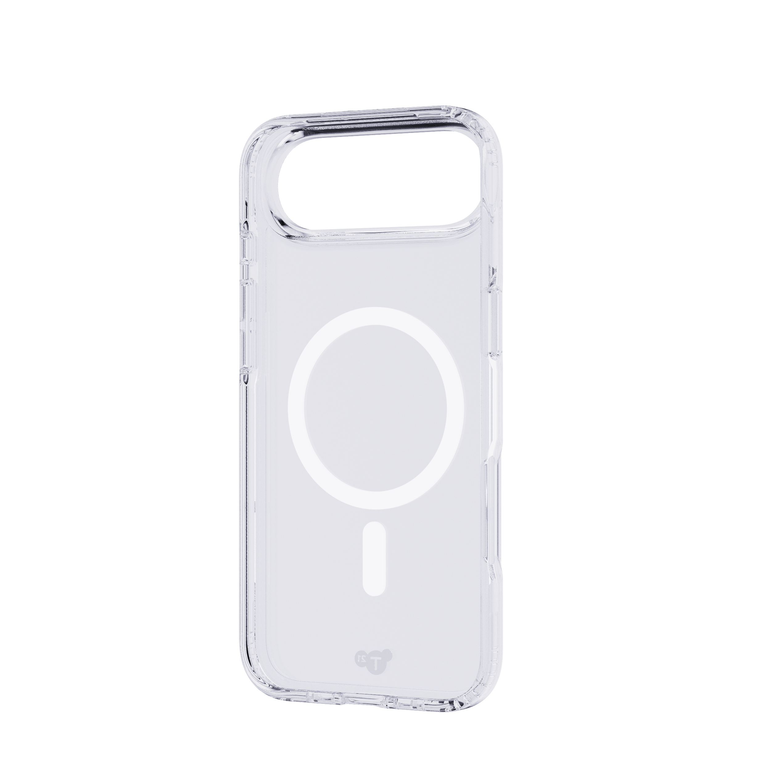 Une coque de téléphone transparente avec un cercle MagSafe et un petit logo. La coque est sur fond blanc.