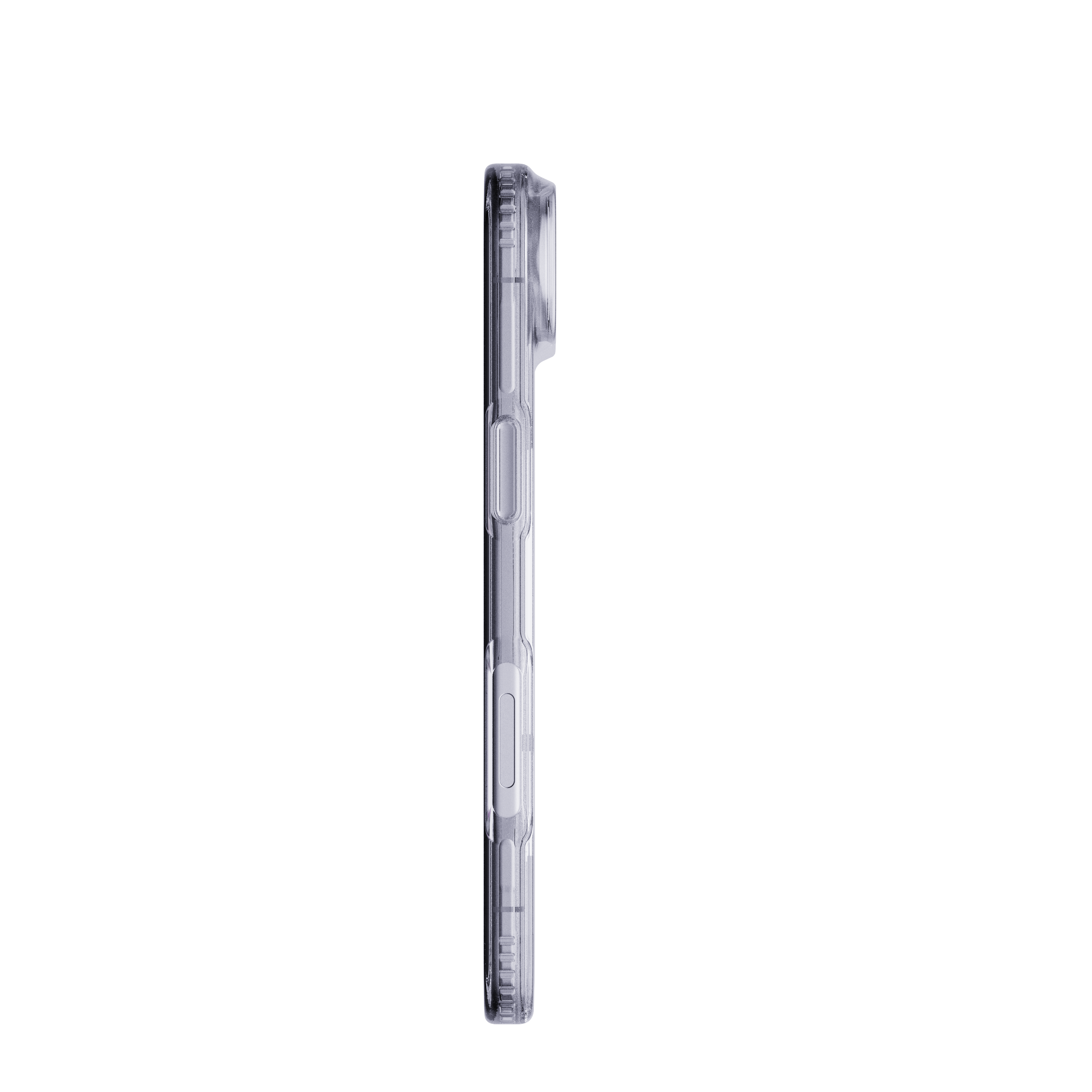 Vue latérale d'une coque de téléphone transparente avec boutons visibles et découpe caméra, sur fond blanc.