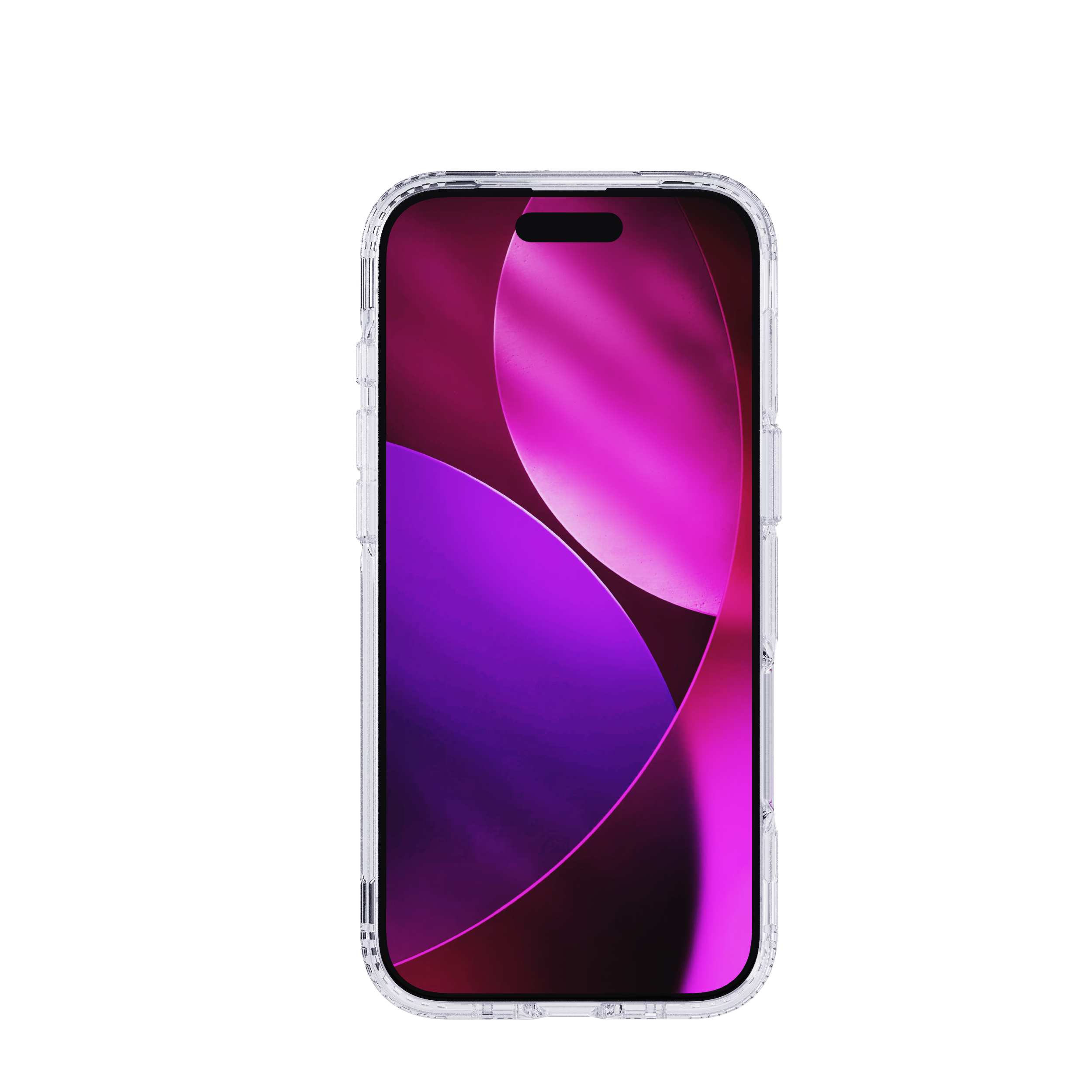 Un smartphone dans un étui de protection transparent. L'écran affiche des formes abstraites en violet et magenta sur fond blanc.