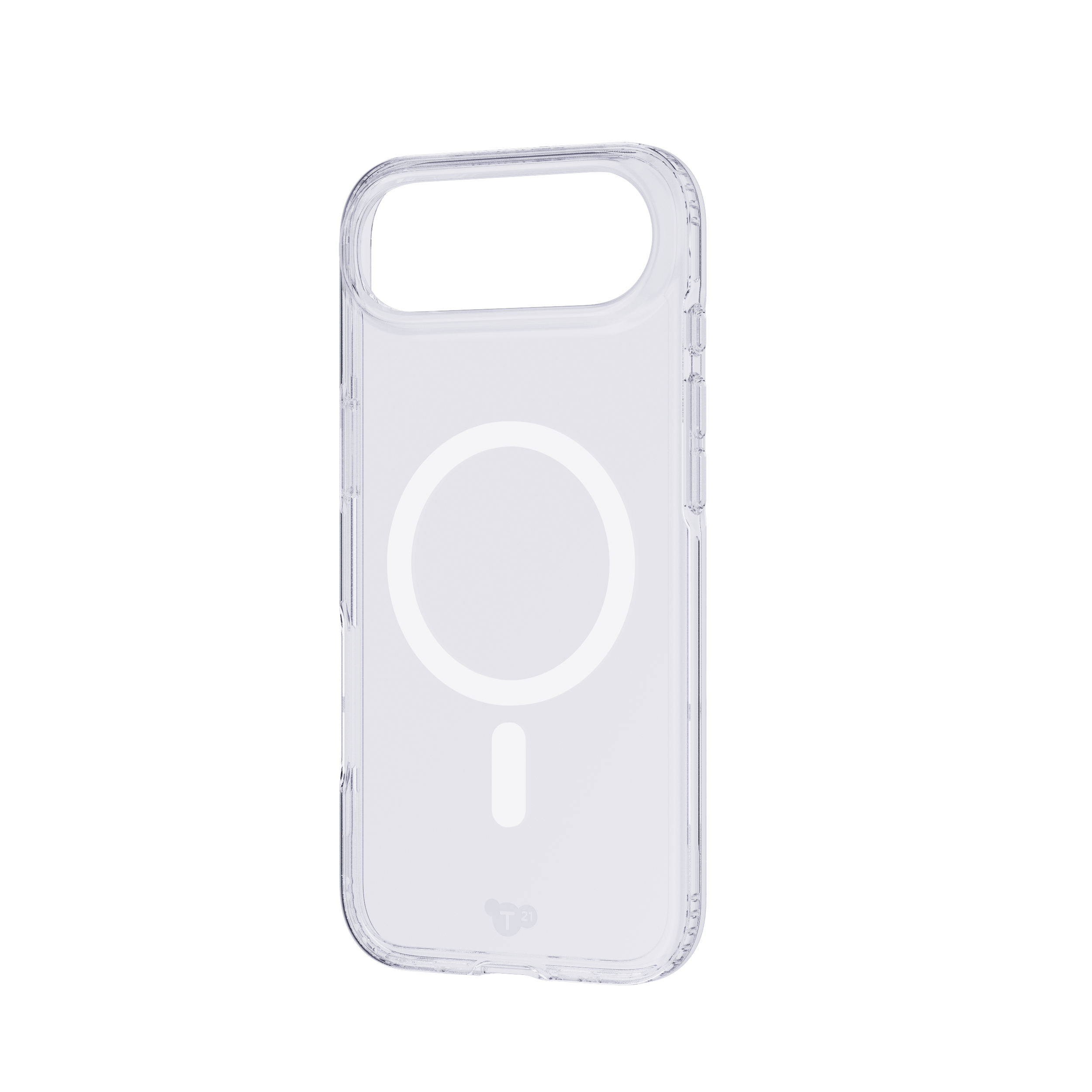 Coque de téléphone transparente. Elle a une découpe caméra, un cercle MagSafe et une découpe pour le port de charge.