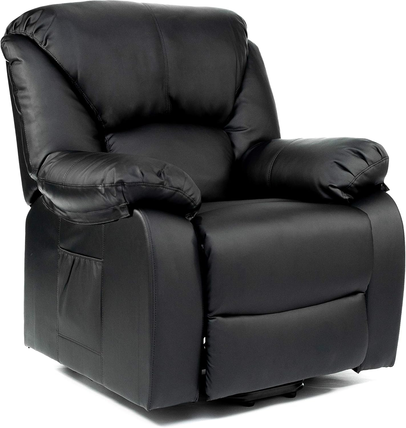 Un sillón reclinable de cuero negro. Tiene respaldo alto, brazos acolchados y un bolsillo lateral. El fondo es blanco.
