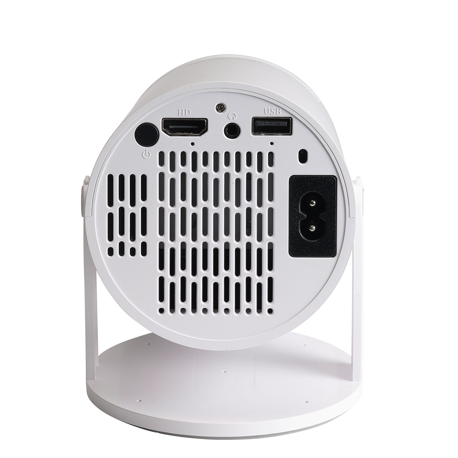 Achterkant van witte projector. Voorzien van HDMI, USB, stroomingang en ventilatiesleuven. Ondersteund door witte standaard op wit oppervlak.