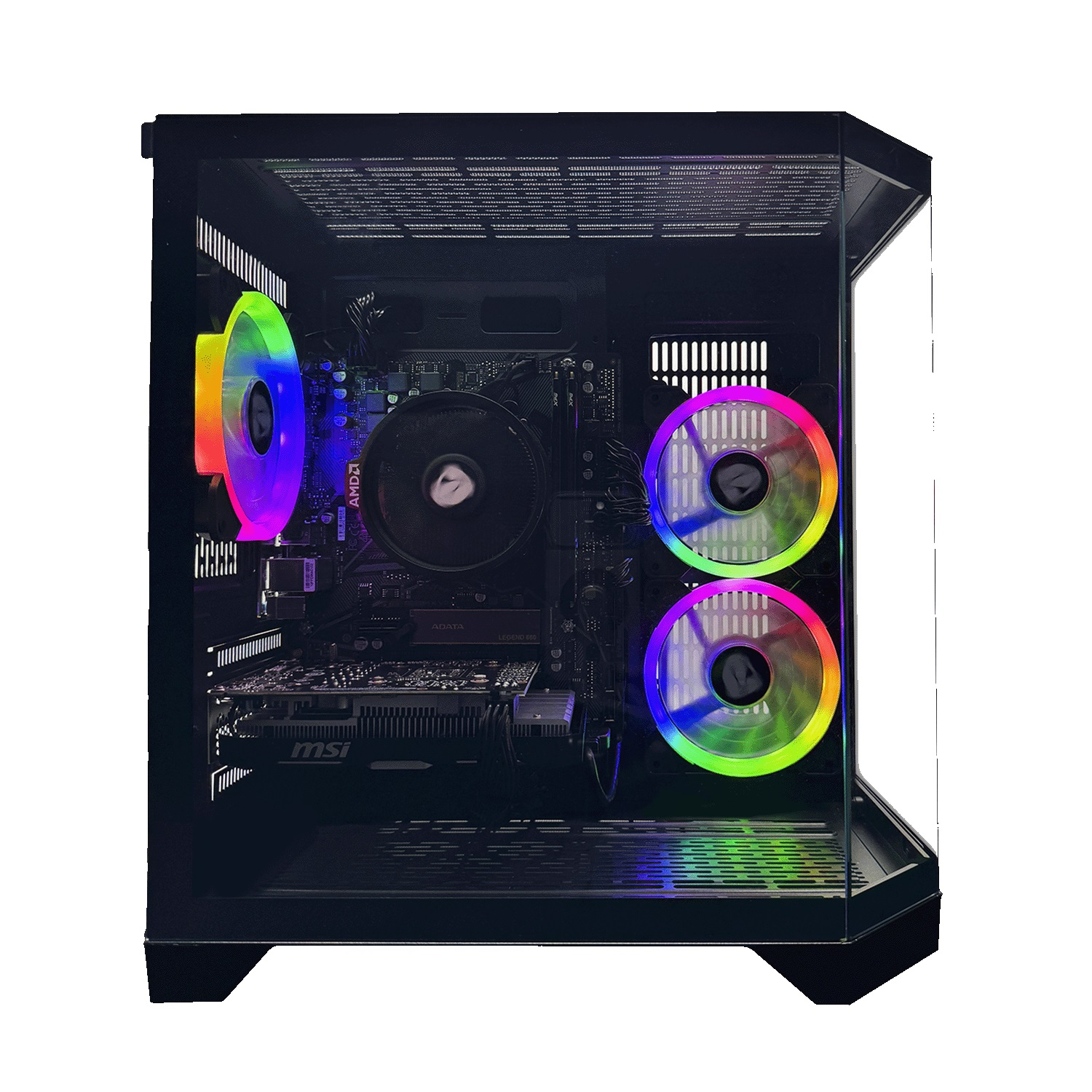 Obudowa komputera ze szklanymi panelami ujawnia wewnętrzne komponenty. Widoczne wentylatory z kolorowymi światłami LED. Obecny procesor AMD i karta graficzna MSI.